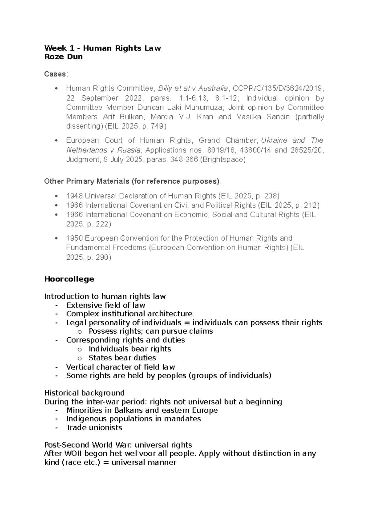 EIL 2025: Week 1 Human Rights Law Overview and Key Cases - Studeersnel