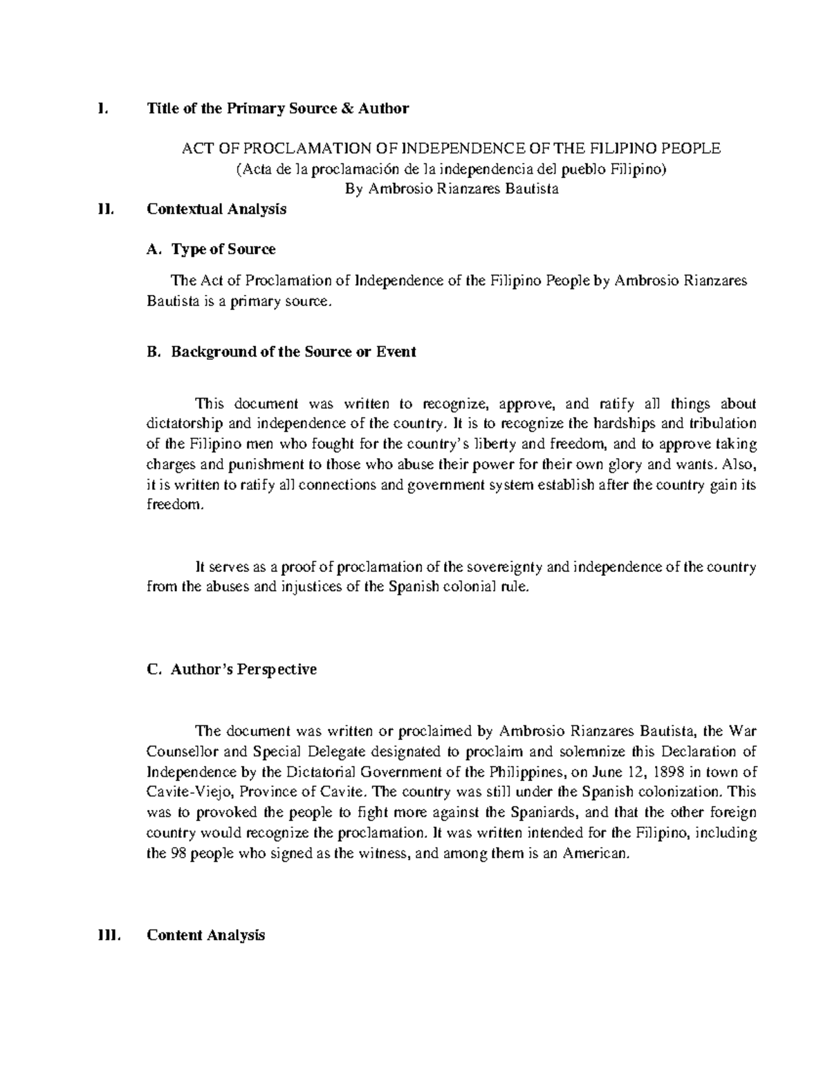 Contextual & Content Analysis of the Act of Proclamation (Hist 101 ...