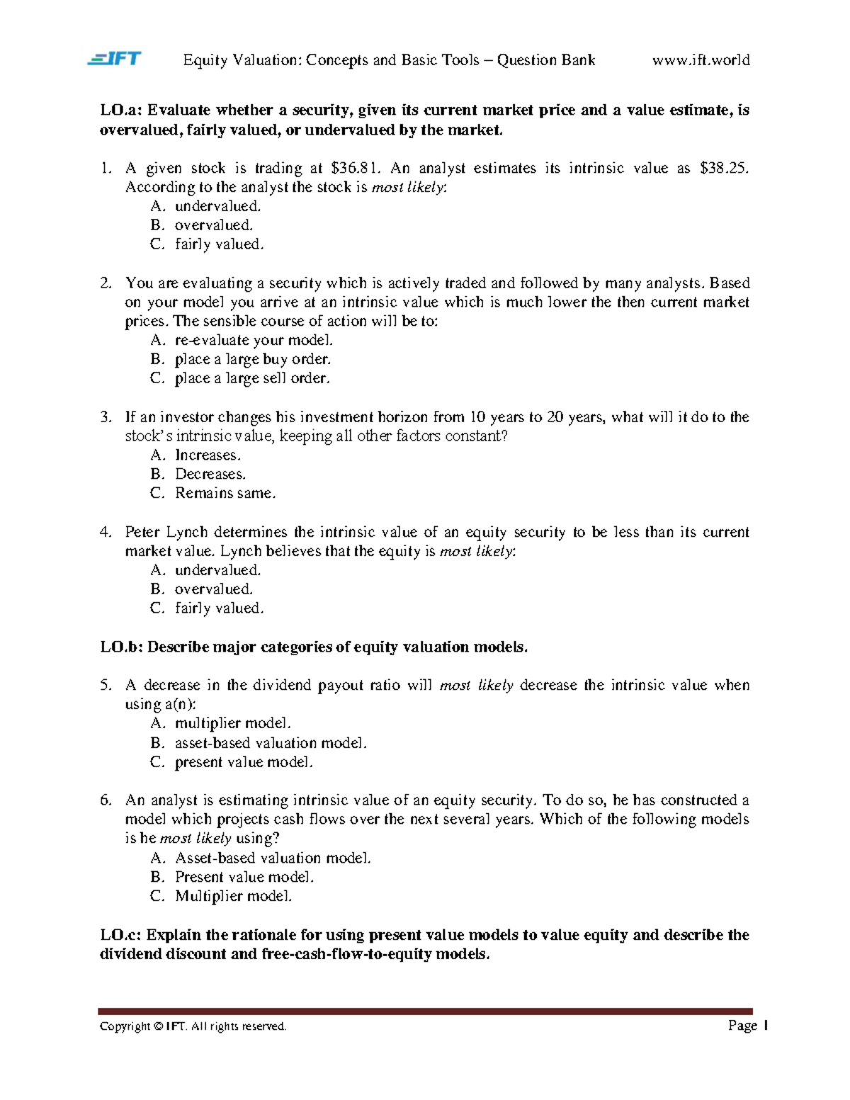 R50 Equity Valuation Concepts and Basic Tools Q Bank - LO: Evaluate ...