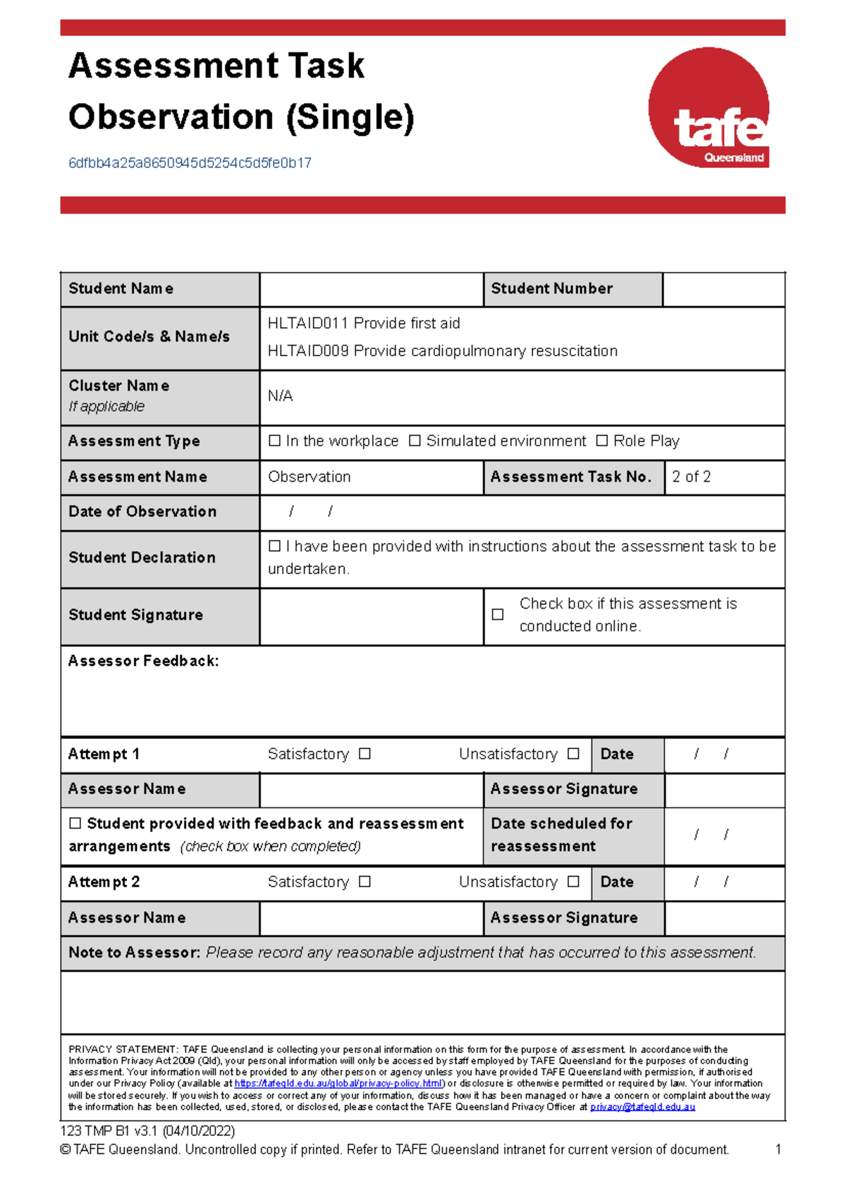 Hltaid 011 009 AT2 O1 TQM v3 S2 2024 - Assessment Task Observation ...