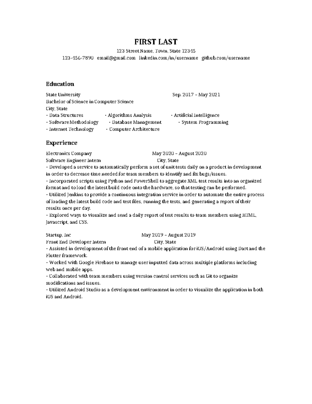 CS Resume - Software Engineer & Front End Developer Intern Experience ...