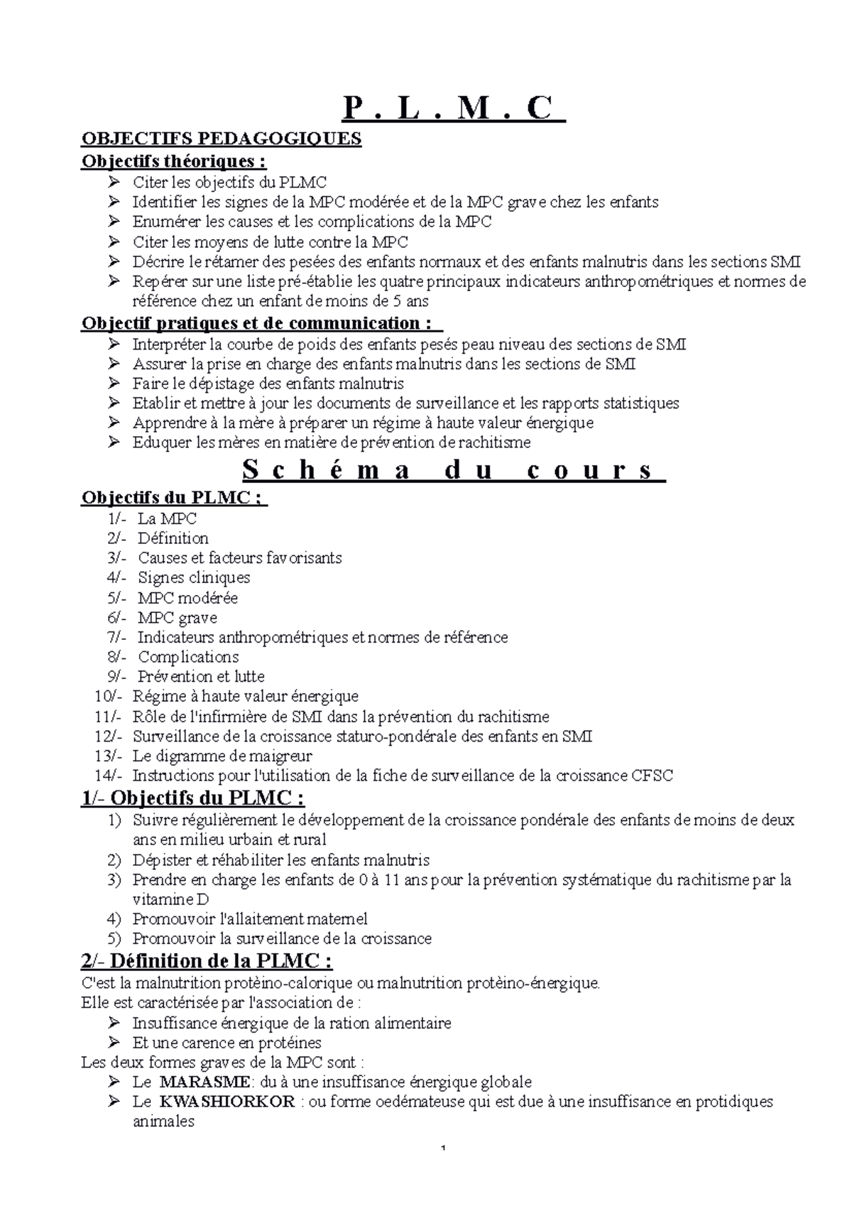 PLMC - Objectifs et Approches du PLMC pour la Nutrition Infantile - Studocu