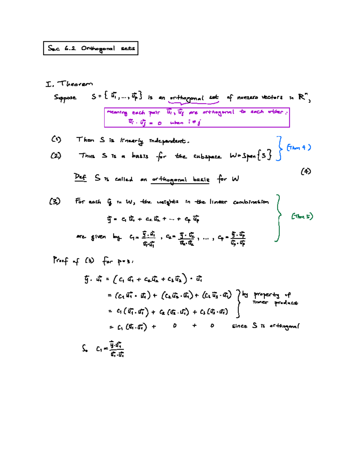 Class Notes 6.2: Theorem on Orthogonal Sets and Basis in IR - Studocu
