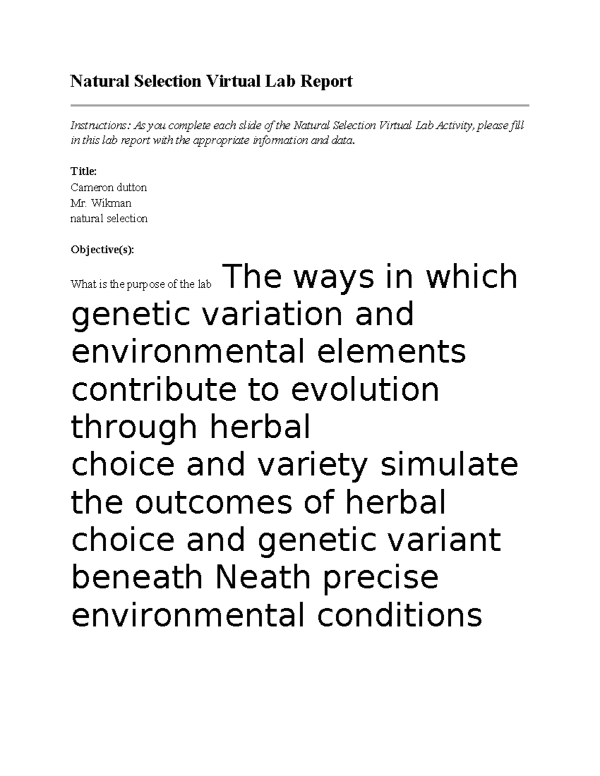 05 02 natural selection lab report - Natural Selection Virtual Lab ...