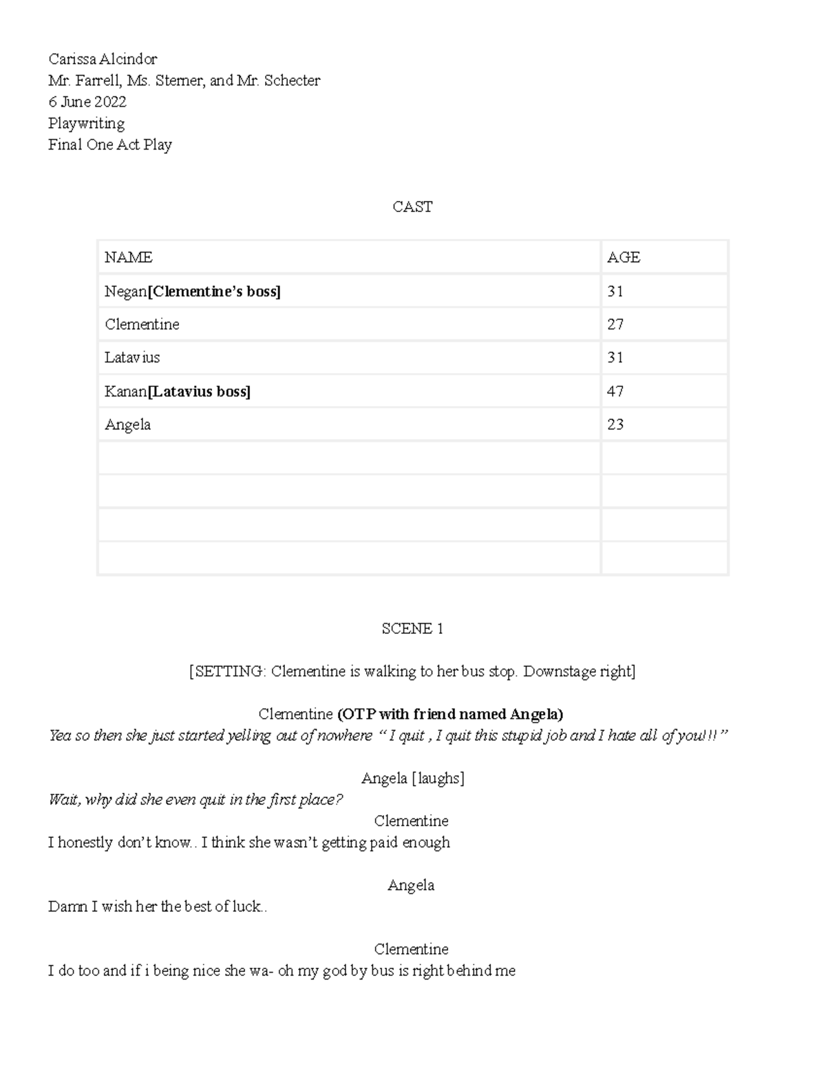 PW 101 - Final One Act Play Script by Carissa Alcindor - Studocu