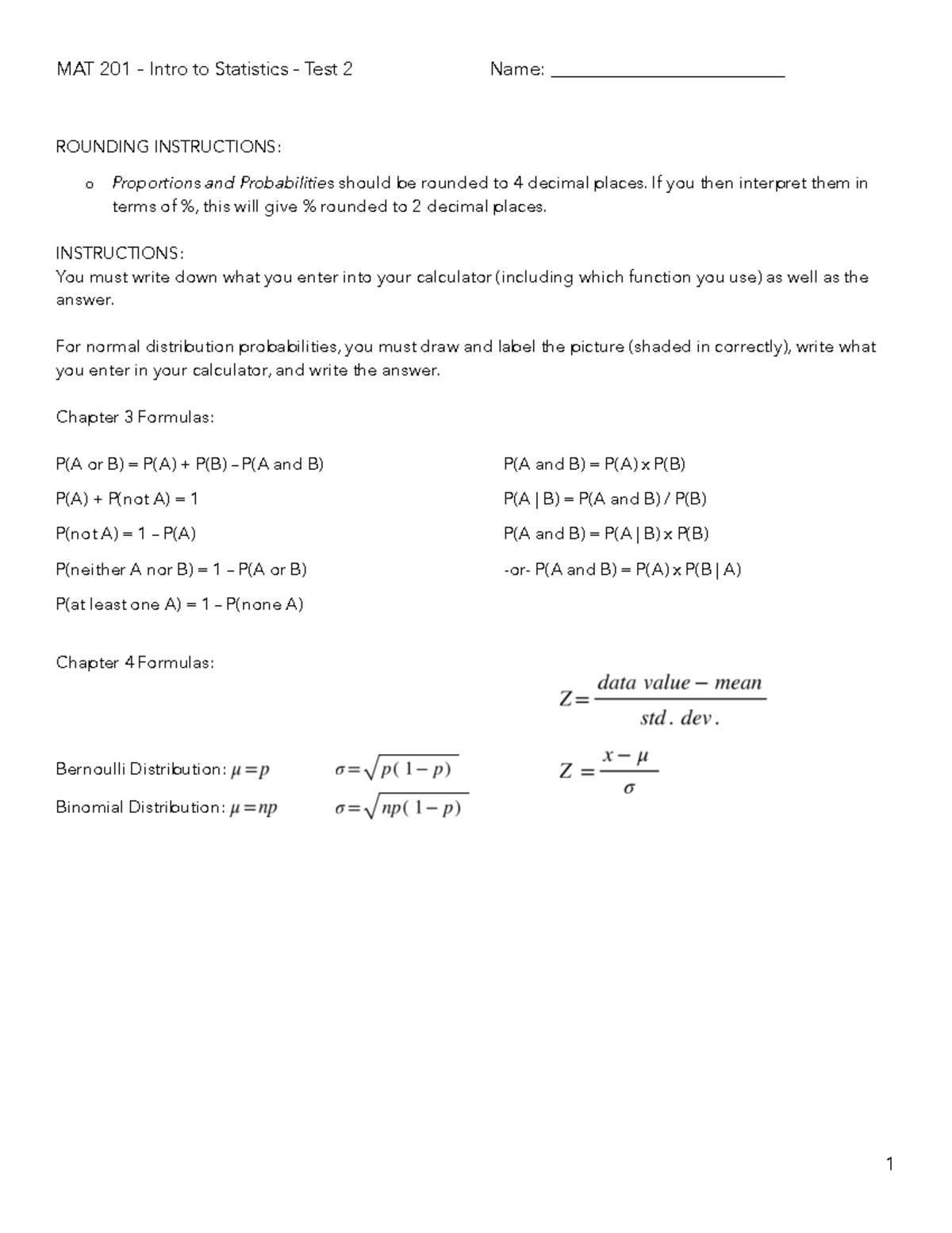 MAT 201 – Intro to Statistics – Test 2: Probability and Distributions ...