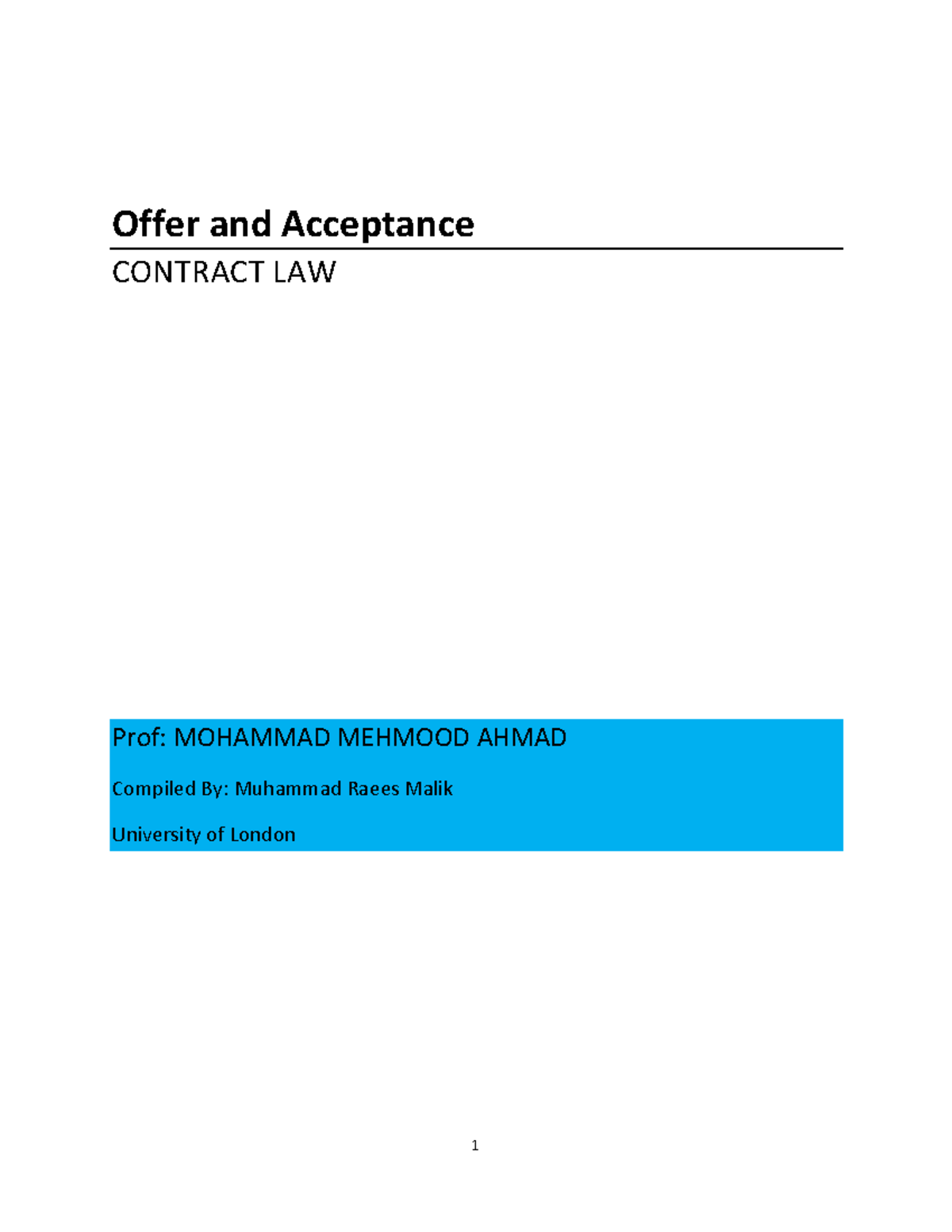 Contract Law: Offer and Acceptance Notes (Sir Notes 1) - Studocu