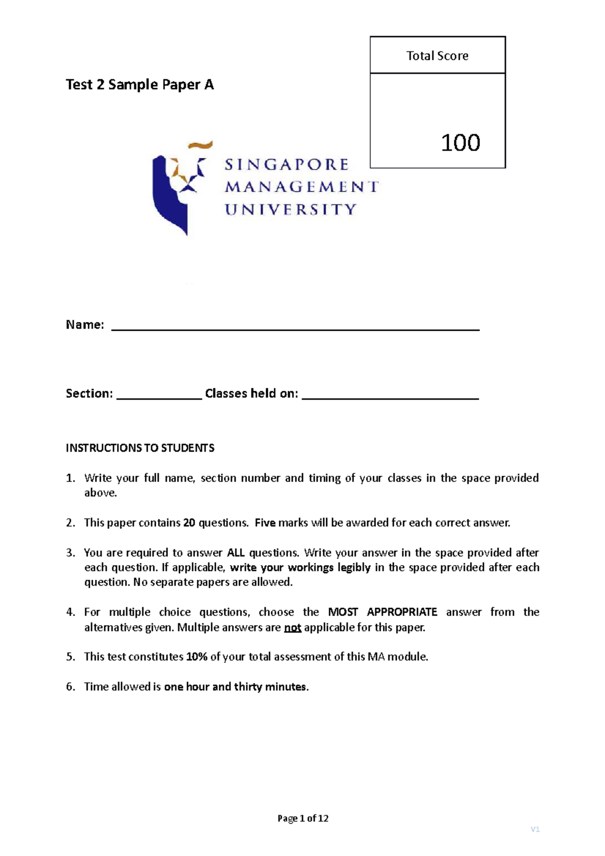 Paper 2A Qns - Management accounting test - Total Score Test 2 Sample ...