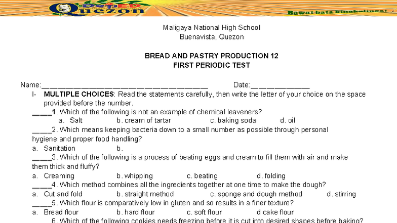 BPP 12 First Periodic Test: Bread and Pastry Production Quiz - Studocu