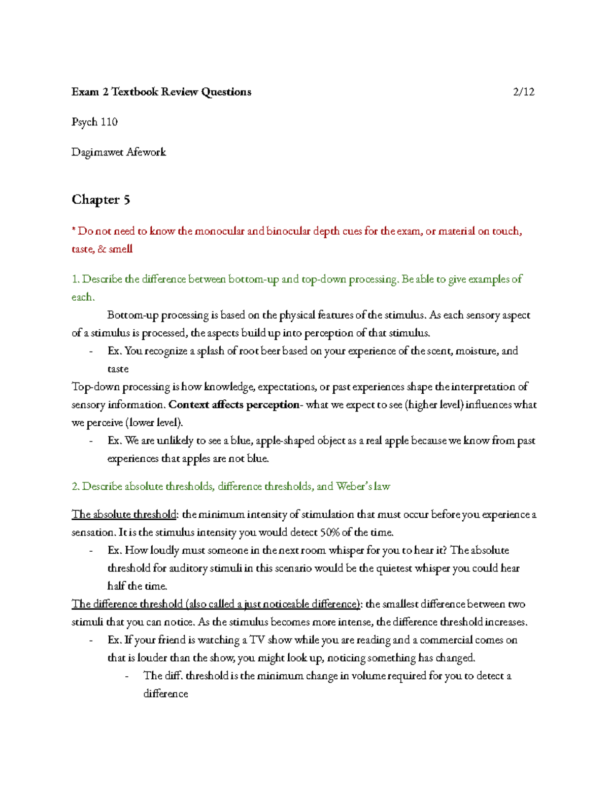 Psych 110 Exam 2 Textbook Review Questions and Key Concepts - Exam 2 ...