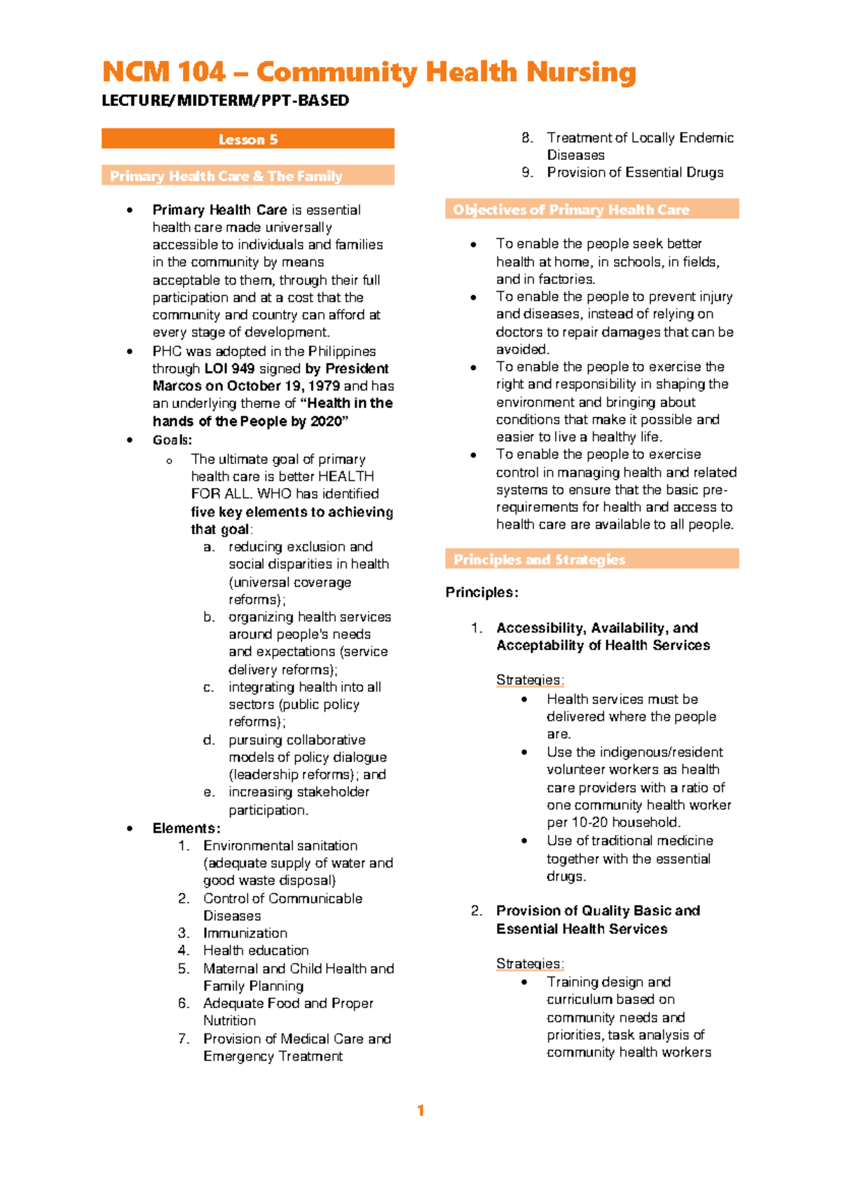 NCM 104 Midterm T - Community Health Nursing Overview and Family Care ...