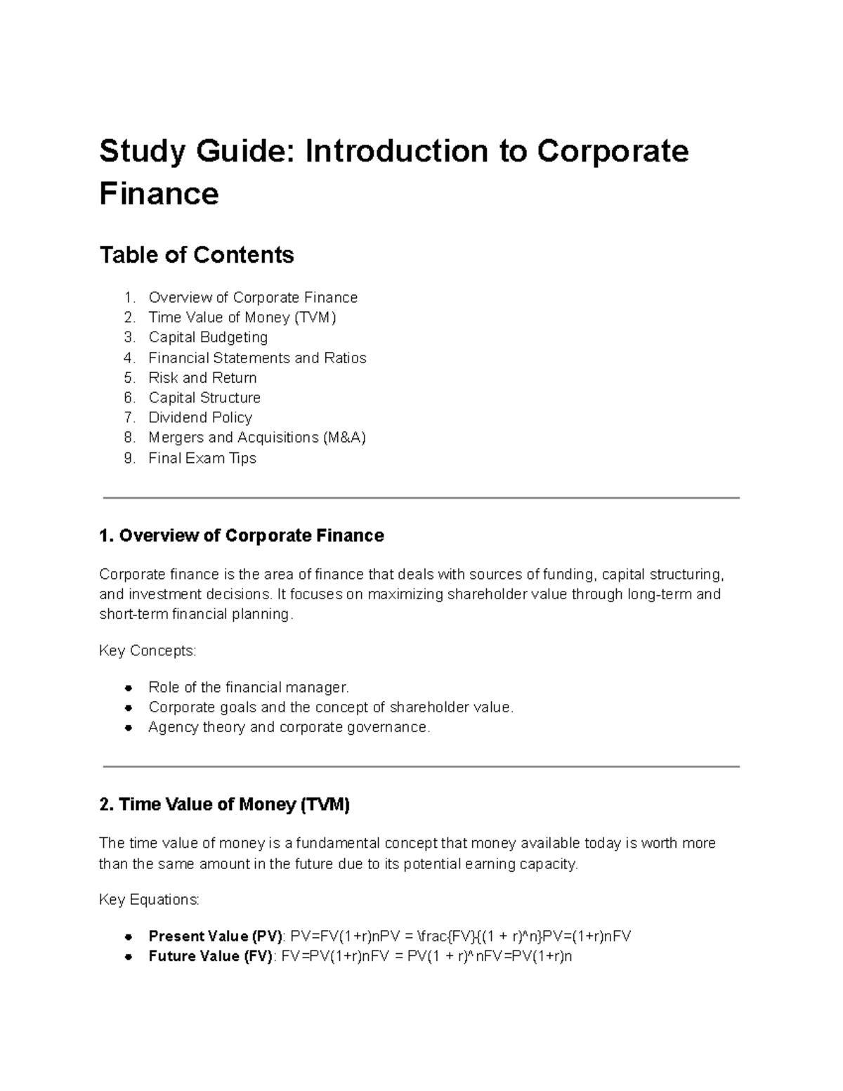 FIN 301: Corporate Finance Study Guide & Final Exam Tips - Studocu