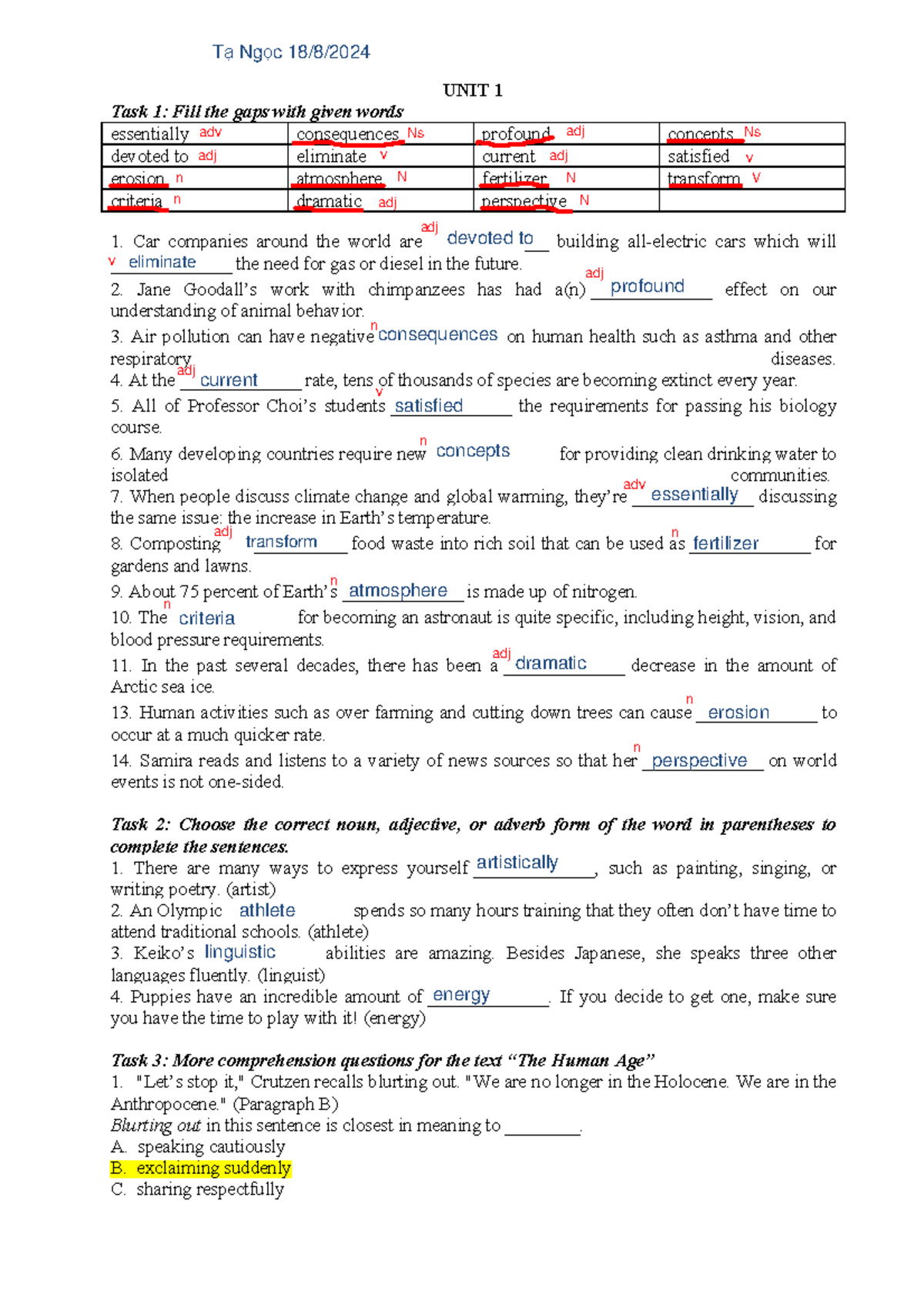 UNIT 1 Study Notes - Vocabulary & Comprehension Tasks - Studocu