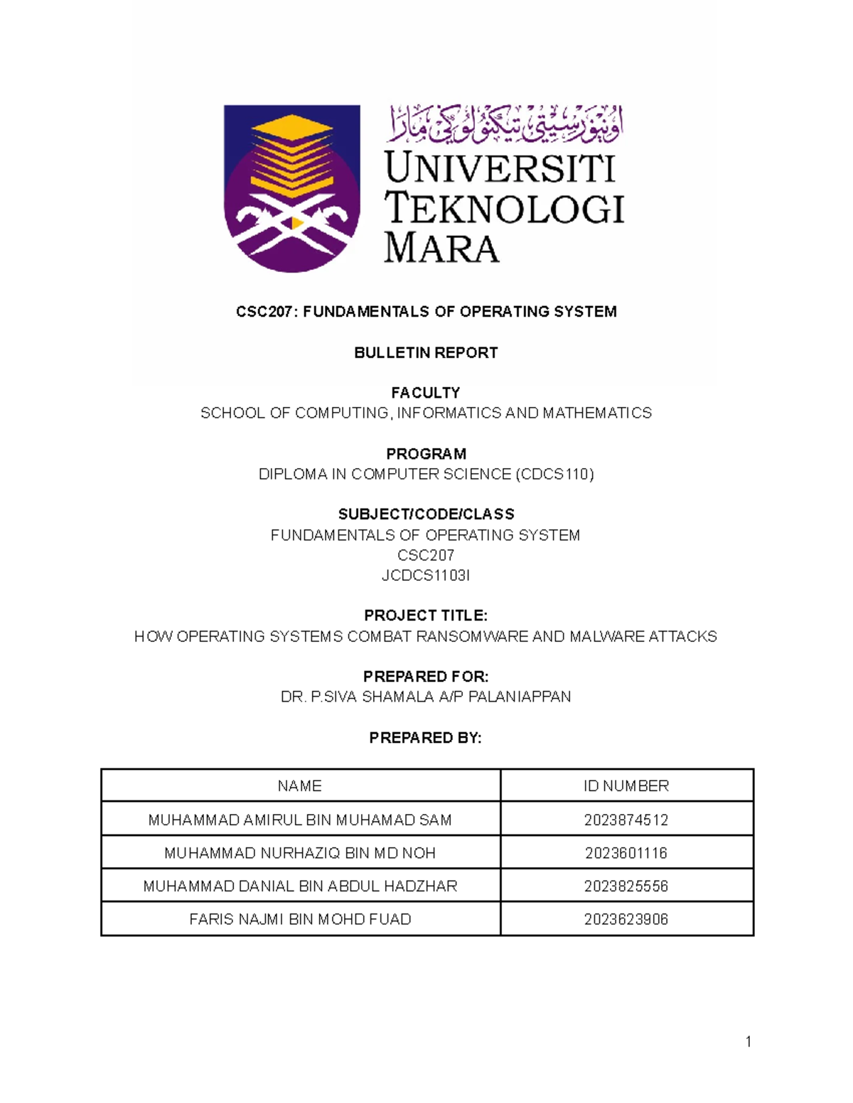 Final Report CSC207 - JANGAN TIRU SANGAT - CSC207: FUNDAMENTALS OF ...