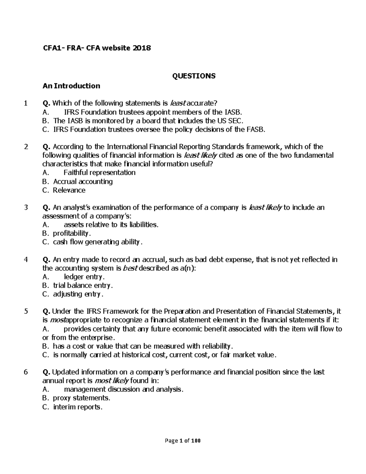 CFA 2018 Exam Questions: Financial Reporting & Analysis (FRA) - Studocu