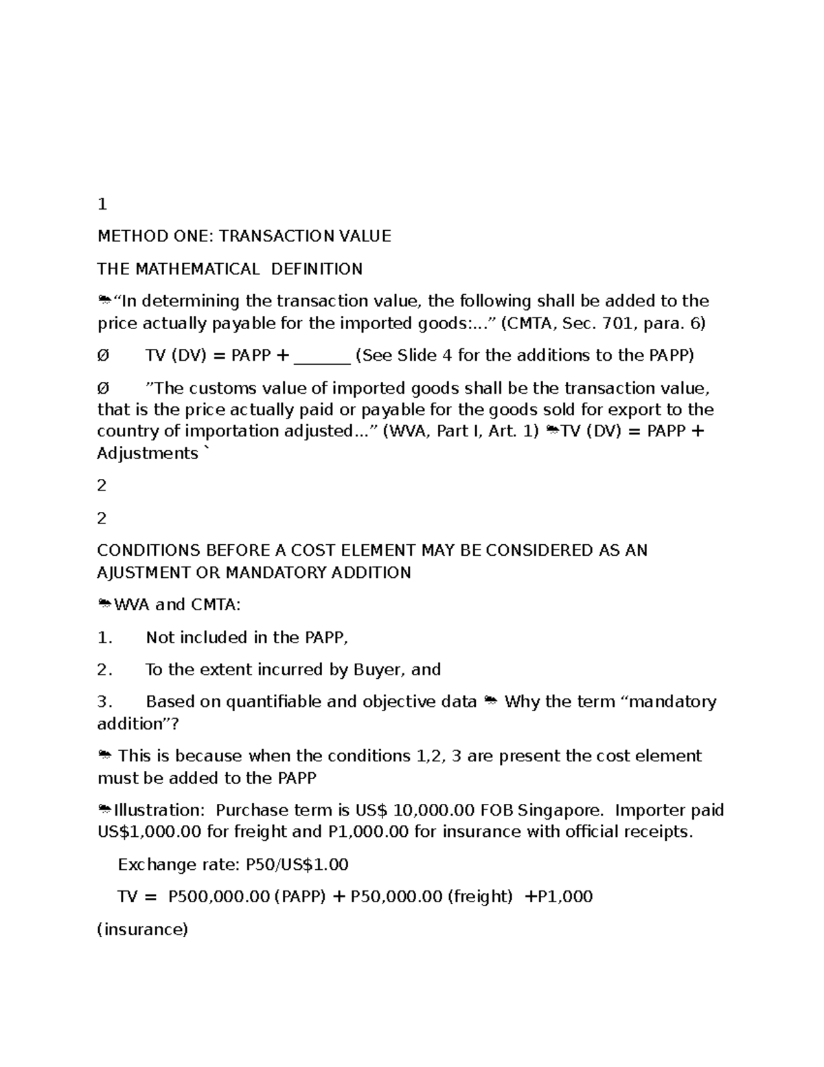 Method One: Transaction Value and PAPP Adjustments (CMTA) - Studocu