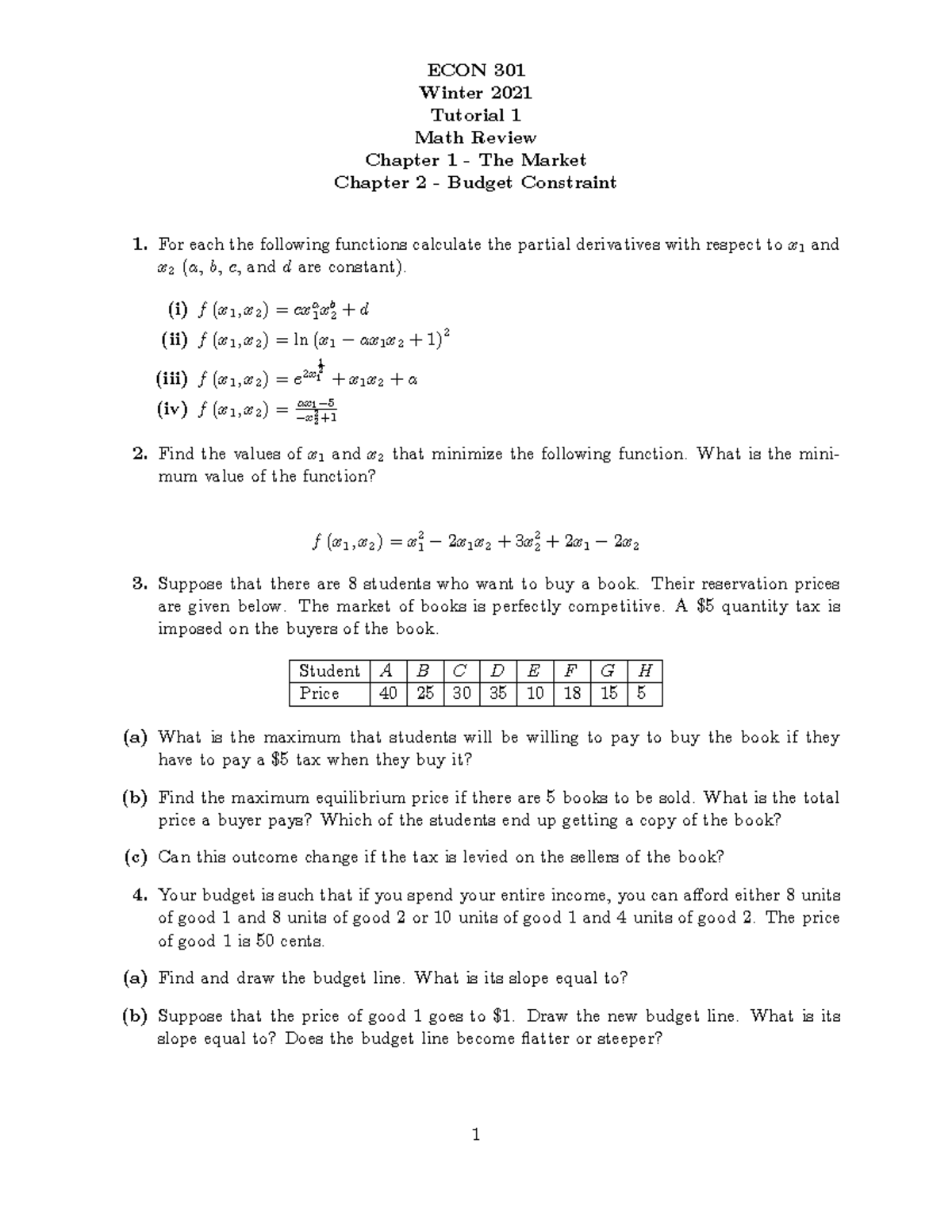 Econ301 Tutorial 1 - ECON 301 Winter 2021 Tutorial 1 Math Review ...