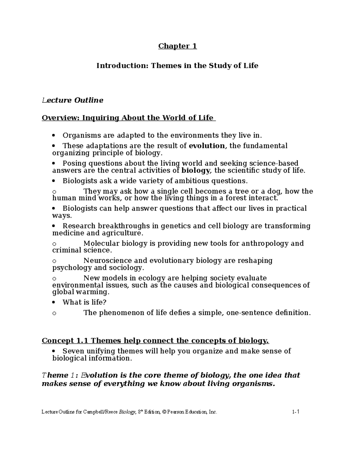 Biology 101: Chapter 1 Lecture Outline - Themes in the Study of Life ...