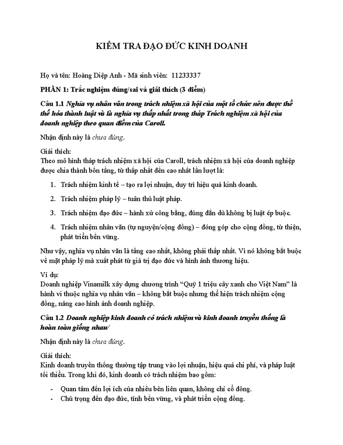 Kiểm Tra Đạo Đức Kinh Doanh - PHẦN 1: Trắc Nghiệm và Giải Thích - Document Preview