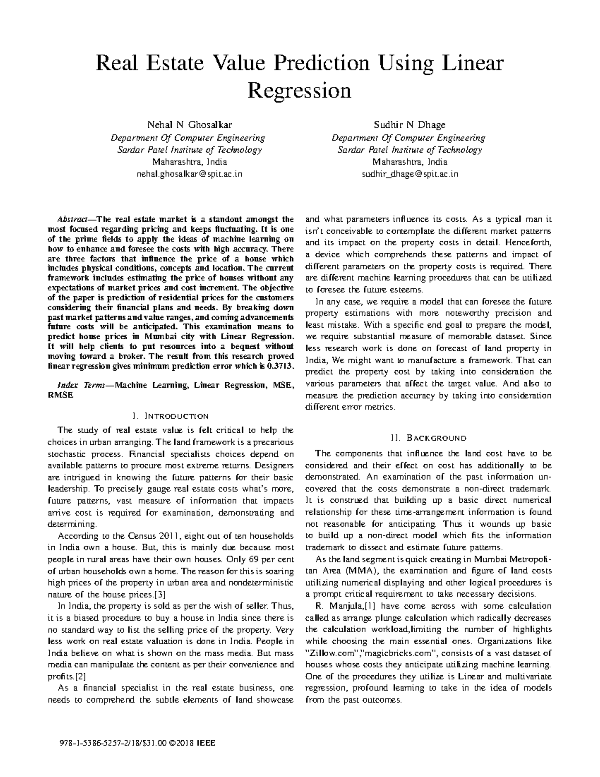 Real Estate Price Prediction using Linear Regression (Paper 5-2018 ...