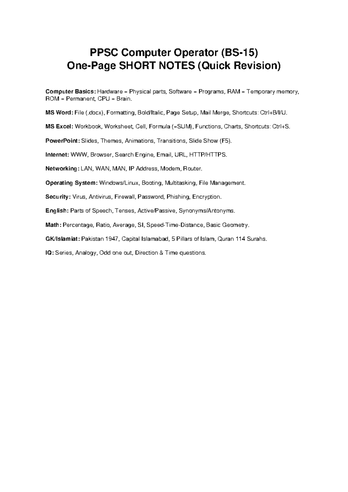 PPSC Computer Operator Quick Revision Notes: Key Concepts & Terms - Studocu