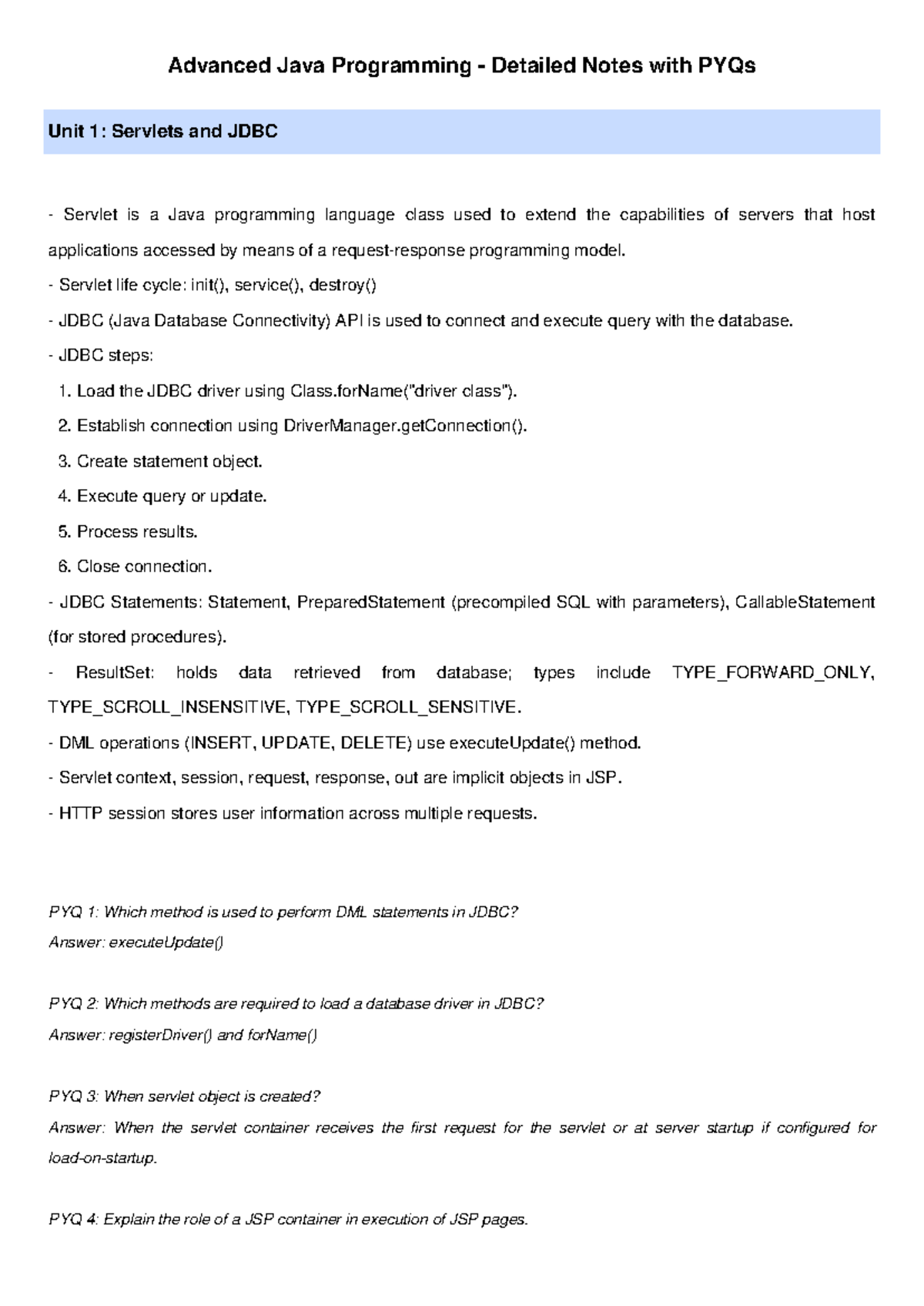 Advanced Java Programming Detailed Notes with PYQs: Servlets, JDBC, JSP ...