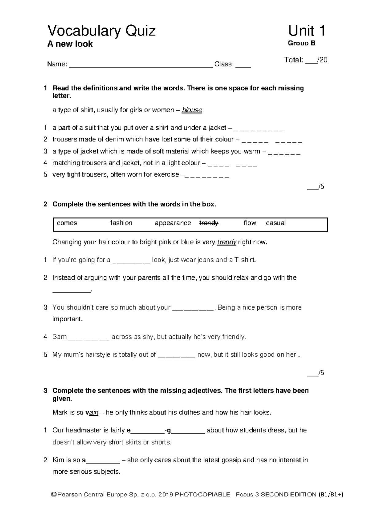 Focus 3 2E Vocabulary Quiz Unit 1 - Group B Revision Notes - Studocu