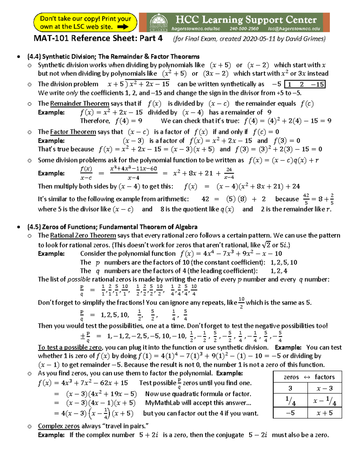 MAT 101 Reference Sheet - Part 4 - MAT‐101 Reference Sheet: Part 4 ...