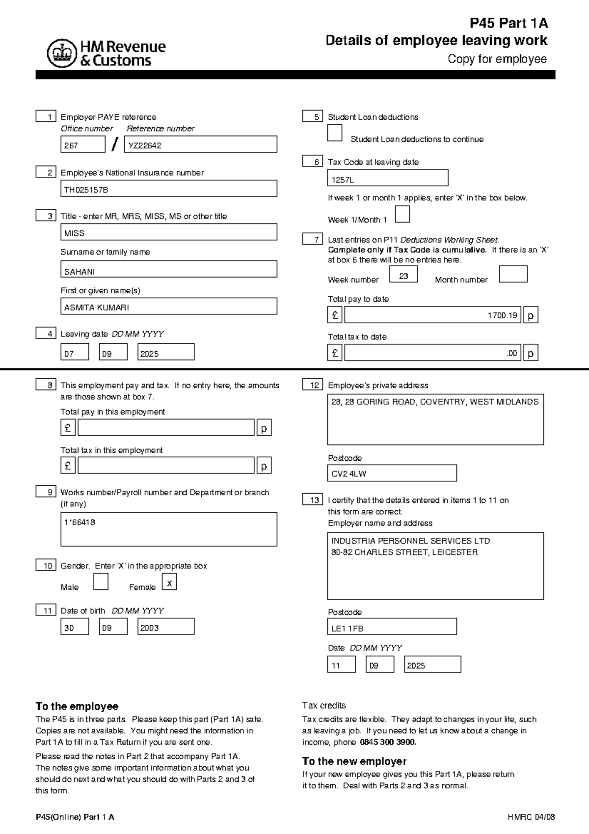 P45 Part 1A: Employee Leaving Work Details and Tax Information - Studocu