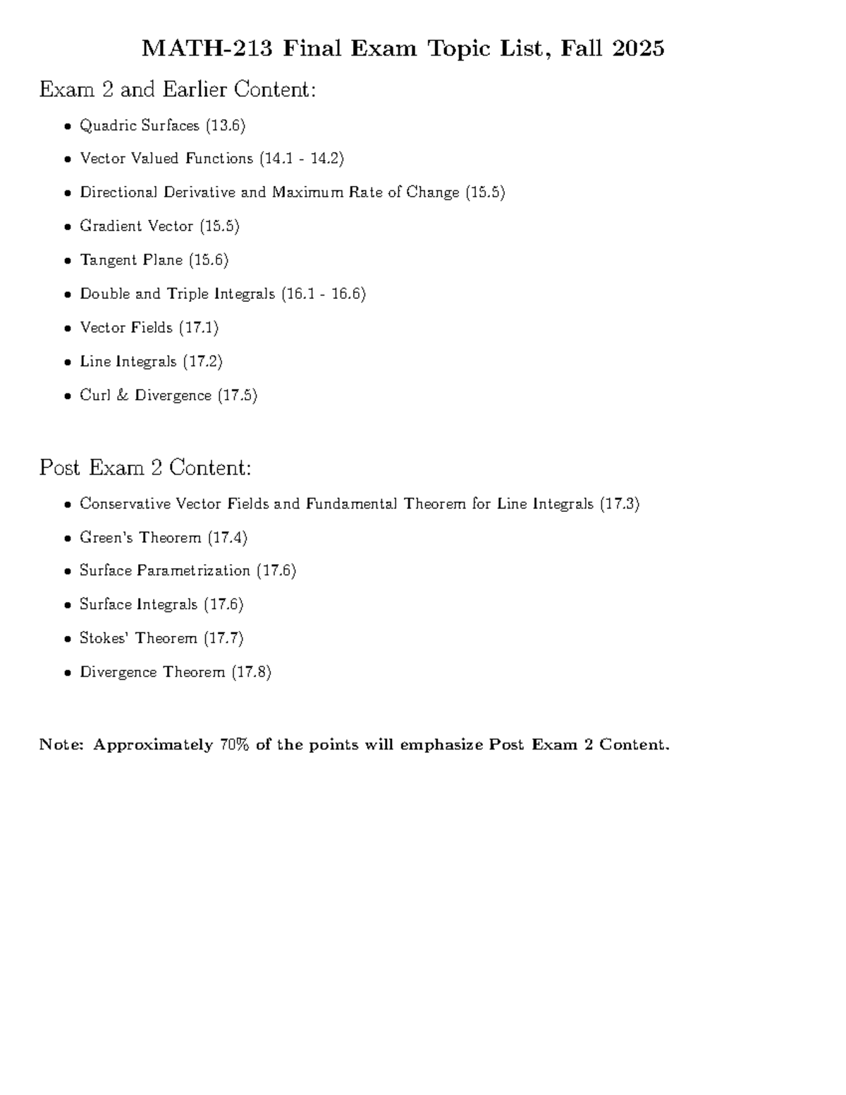 MATH-213 Final Exam Topic List, Fall 2025 - Studocu