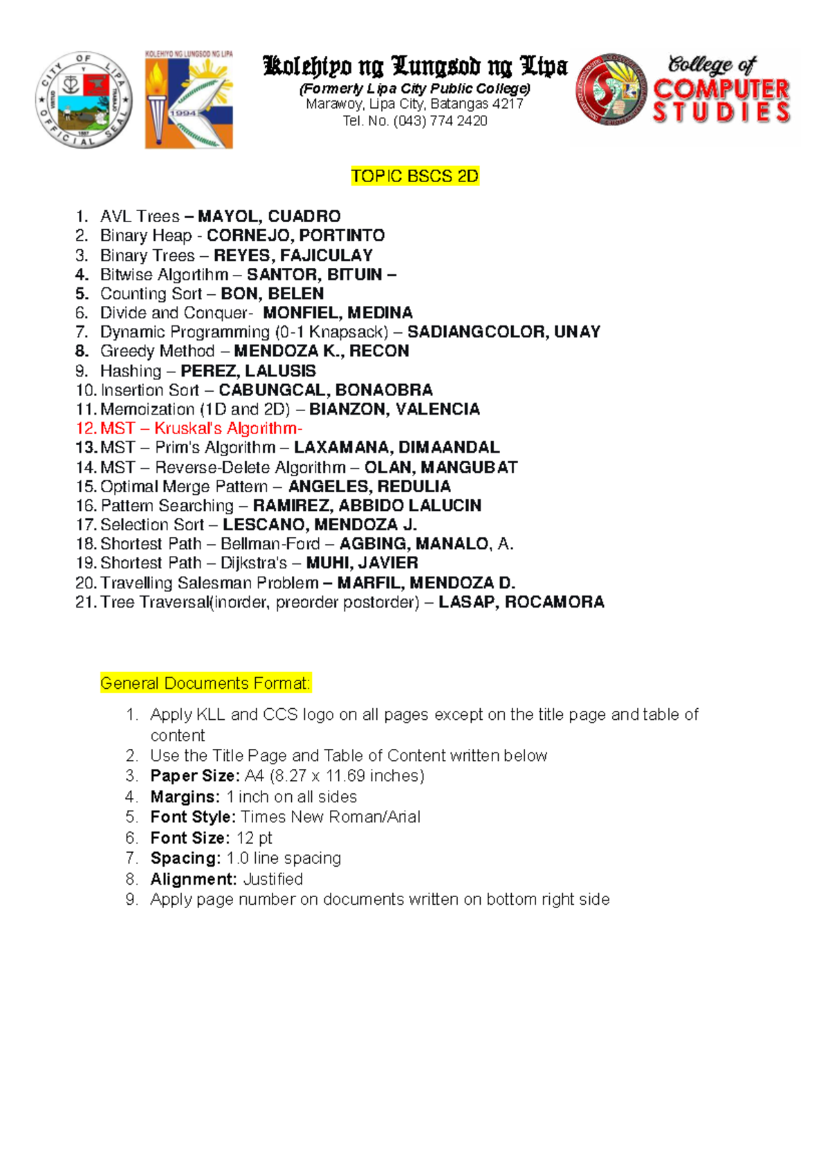 Minimum Spanning Tree Algorithm (BSCS 2C) - Sample Paper - Studocu