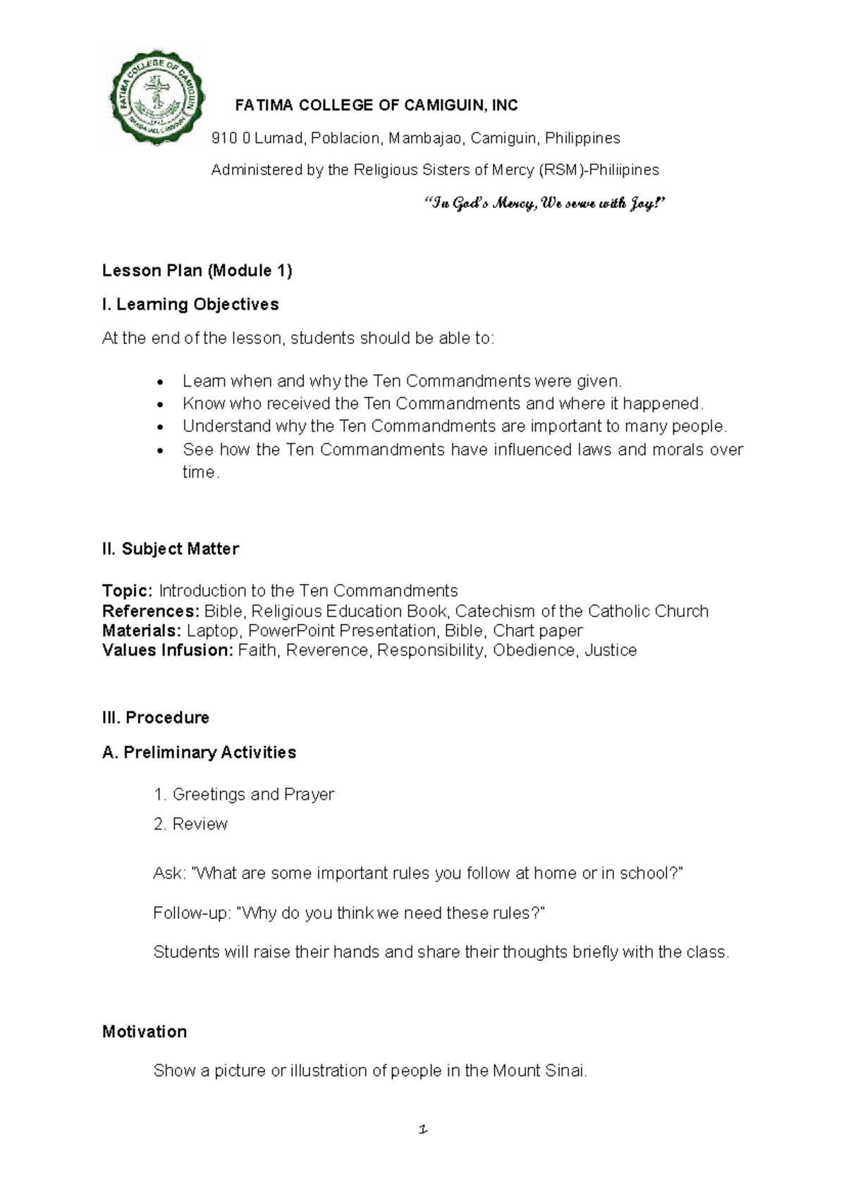 FATIMA COLLEGE OF CAMIGUIN, INC 910 Lesson Plan on the Ten Commandments ...