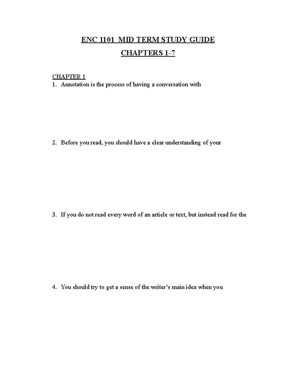 ENC 1101 MIDTERM STUDY GUIDE: Key Concepts from Chapters 1-6 - Studocu