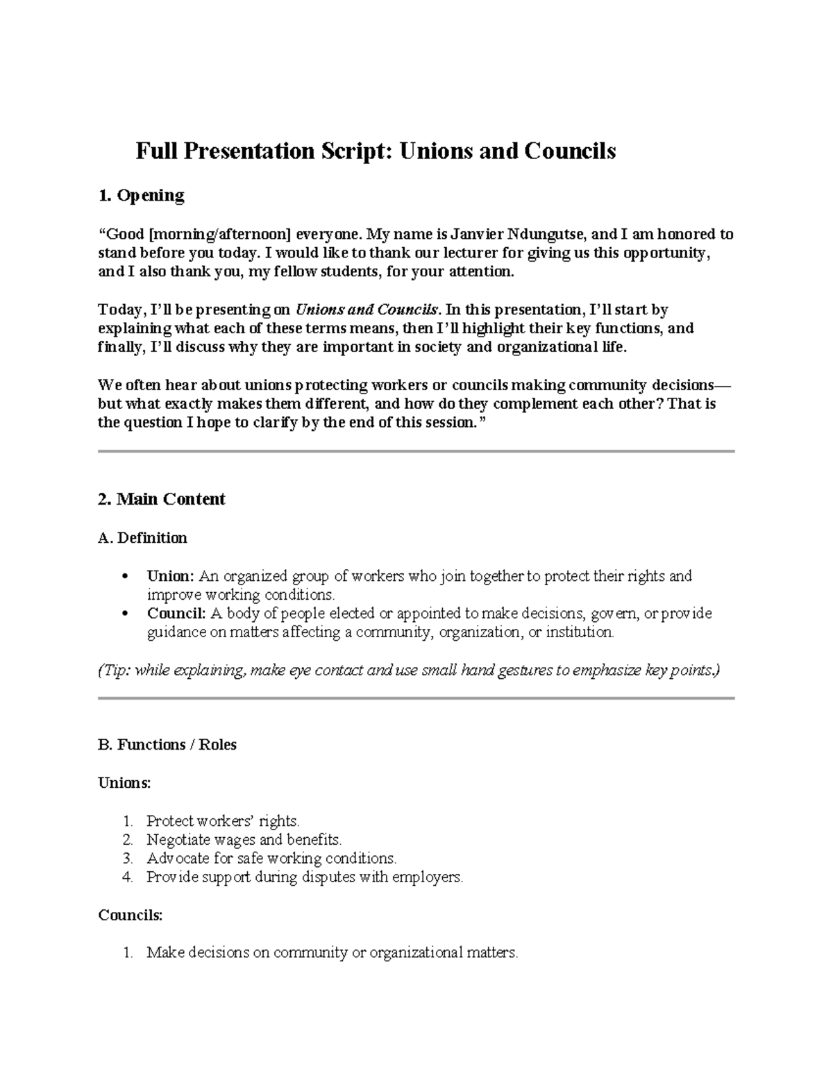Unions and Councils Presentation Script: Key Functions Explained - Studocu
