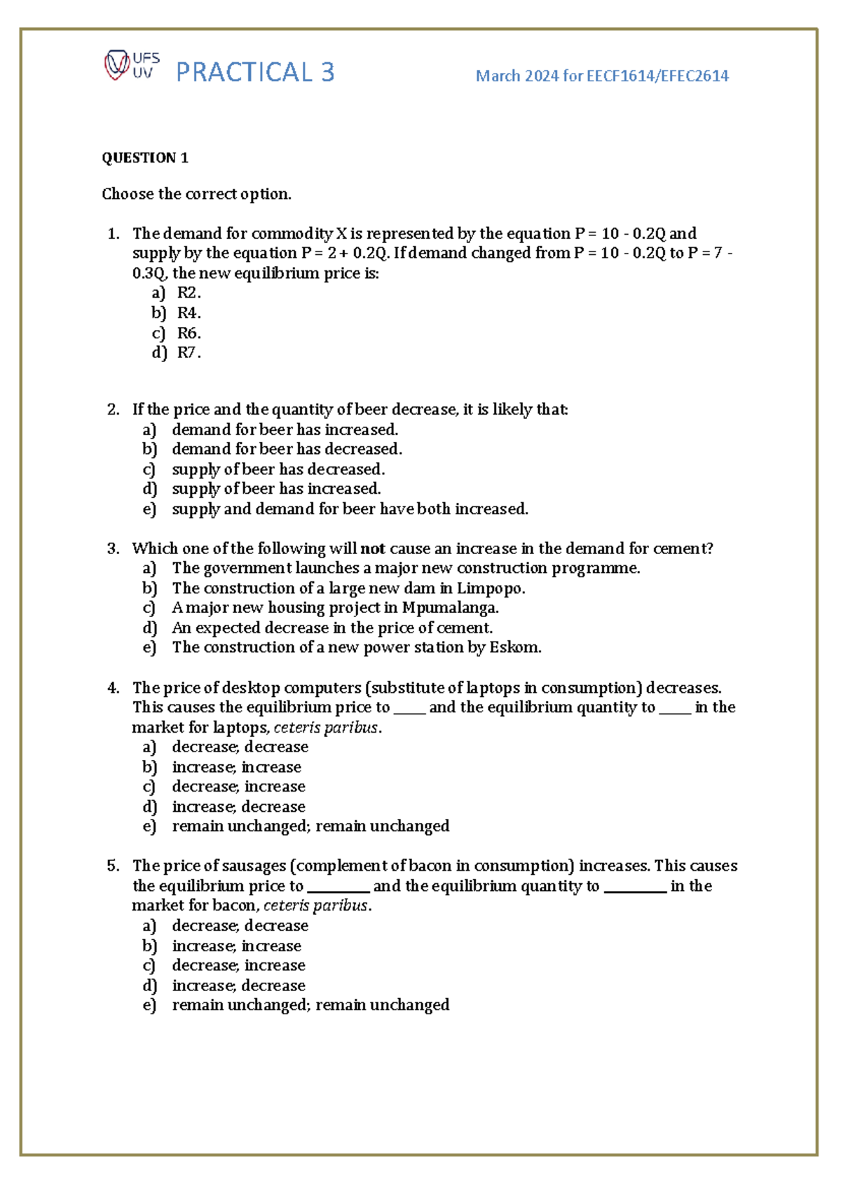 ECO 101: Practical 3 - Demand and Supply Analysis Questions - Studocu