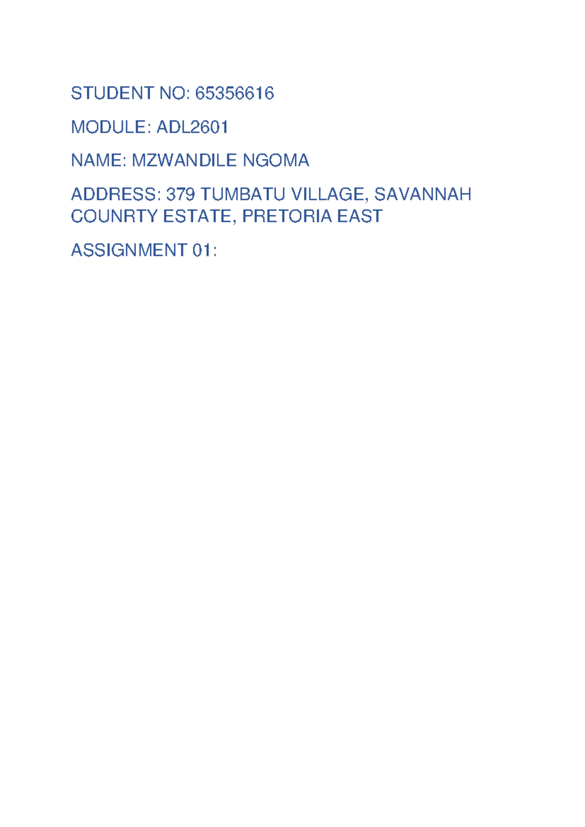 ADL2601 - ASS 01 - mandatory assignment 2023 1st semester - STUDENT NO ...