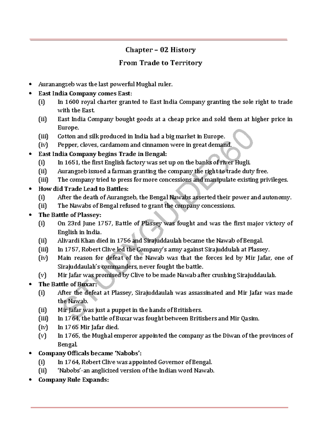 Chapter 02: From Trade to Territory - Key Notes (SS Hist) - Studocu