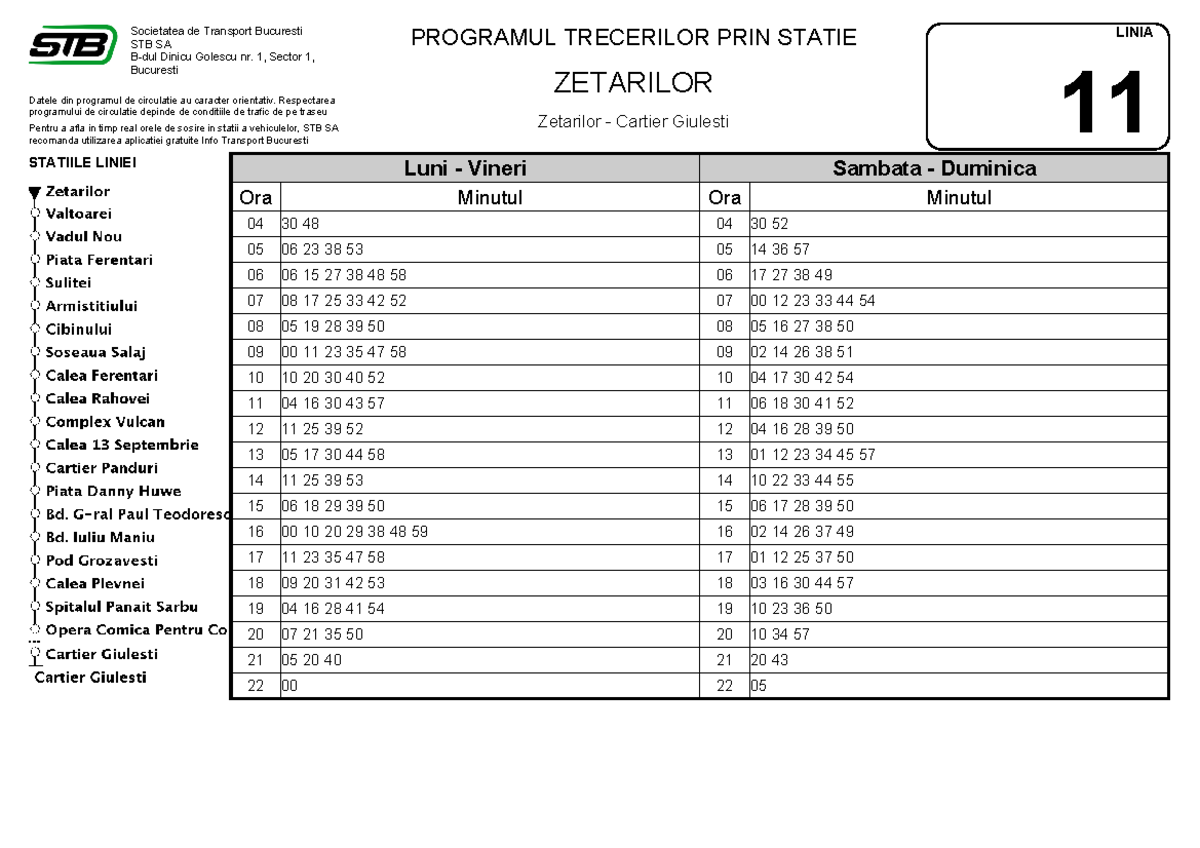 Programul de Circulație RATB 11 Tur - STB București - Studeersnel