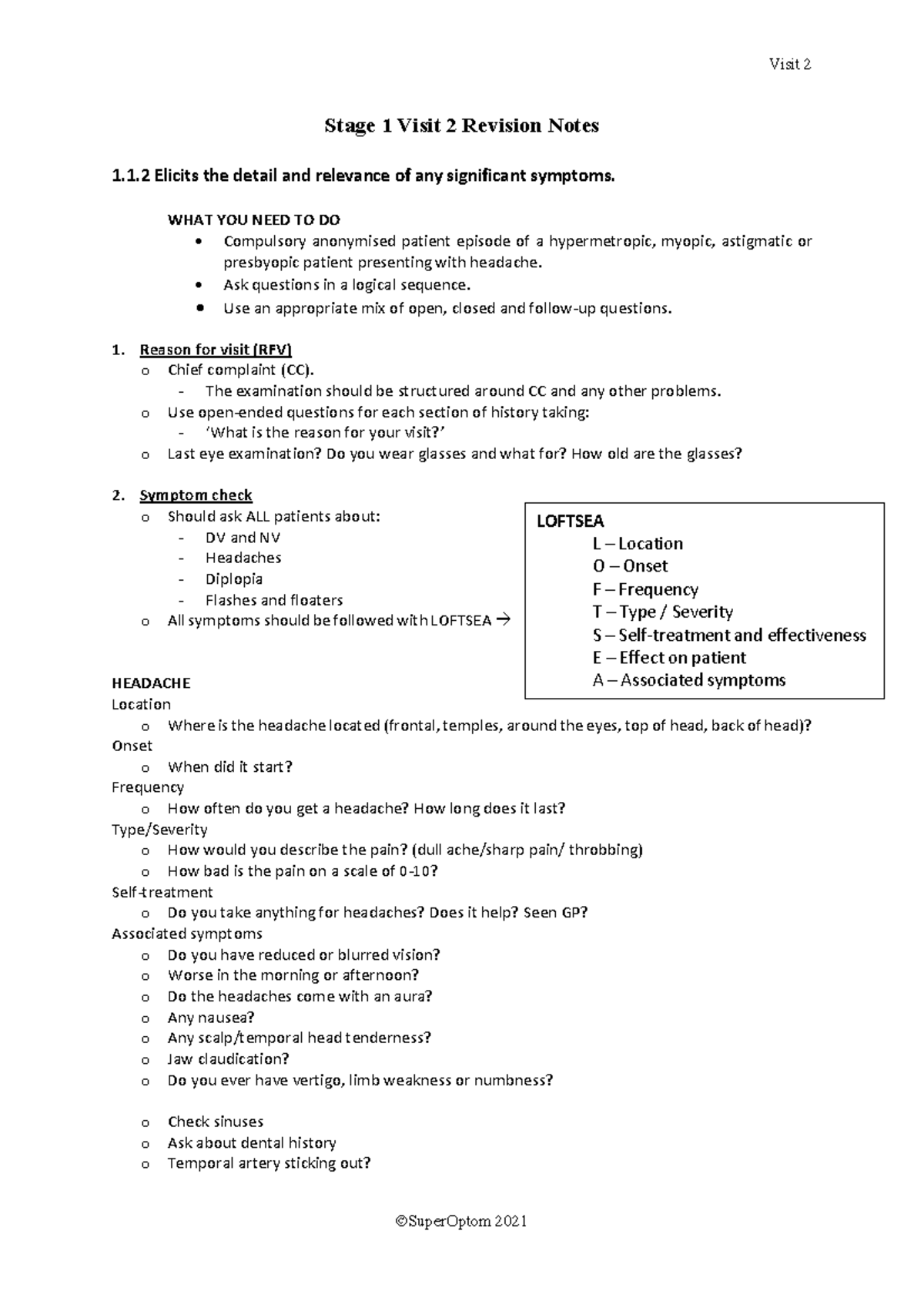 Stage 1 Visit 2 Revision Notes for Patient Assessment Techniques - Studocu