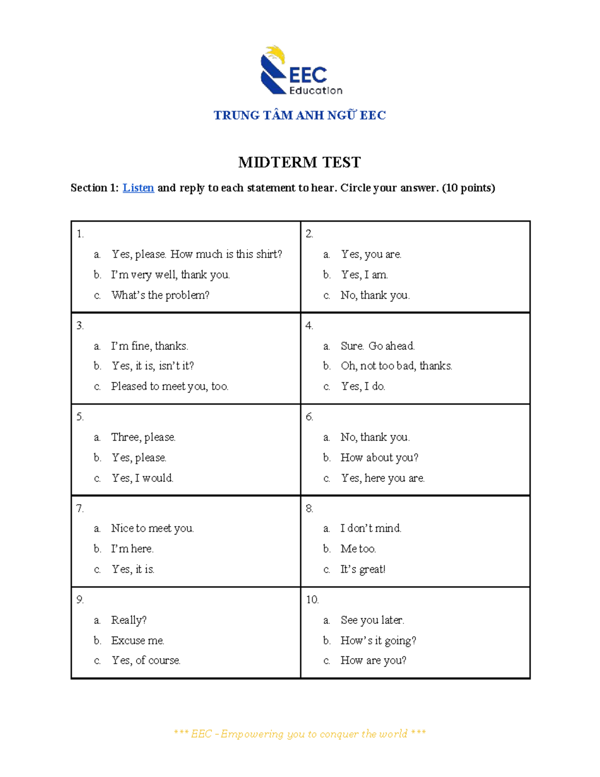 EEC MIDTERM TEST Lesson 12: Listening and Speaking Practice - Studocu