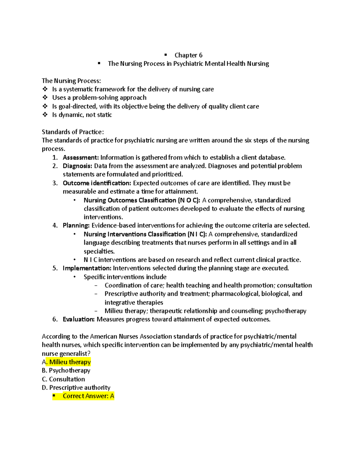 Chapter 6 - The Nursing Process in Psychiatric Mental Health Care - Studocu