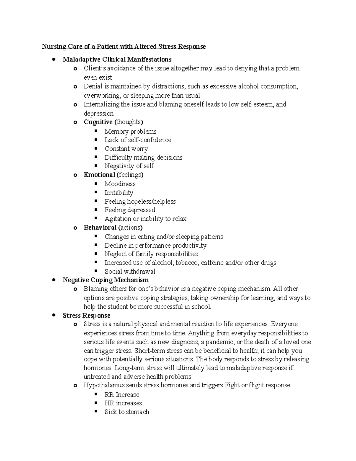 NR326 Week 5 Nursing Care Notes on Altered Stress Response - Studocu