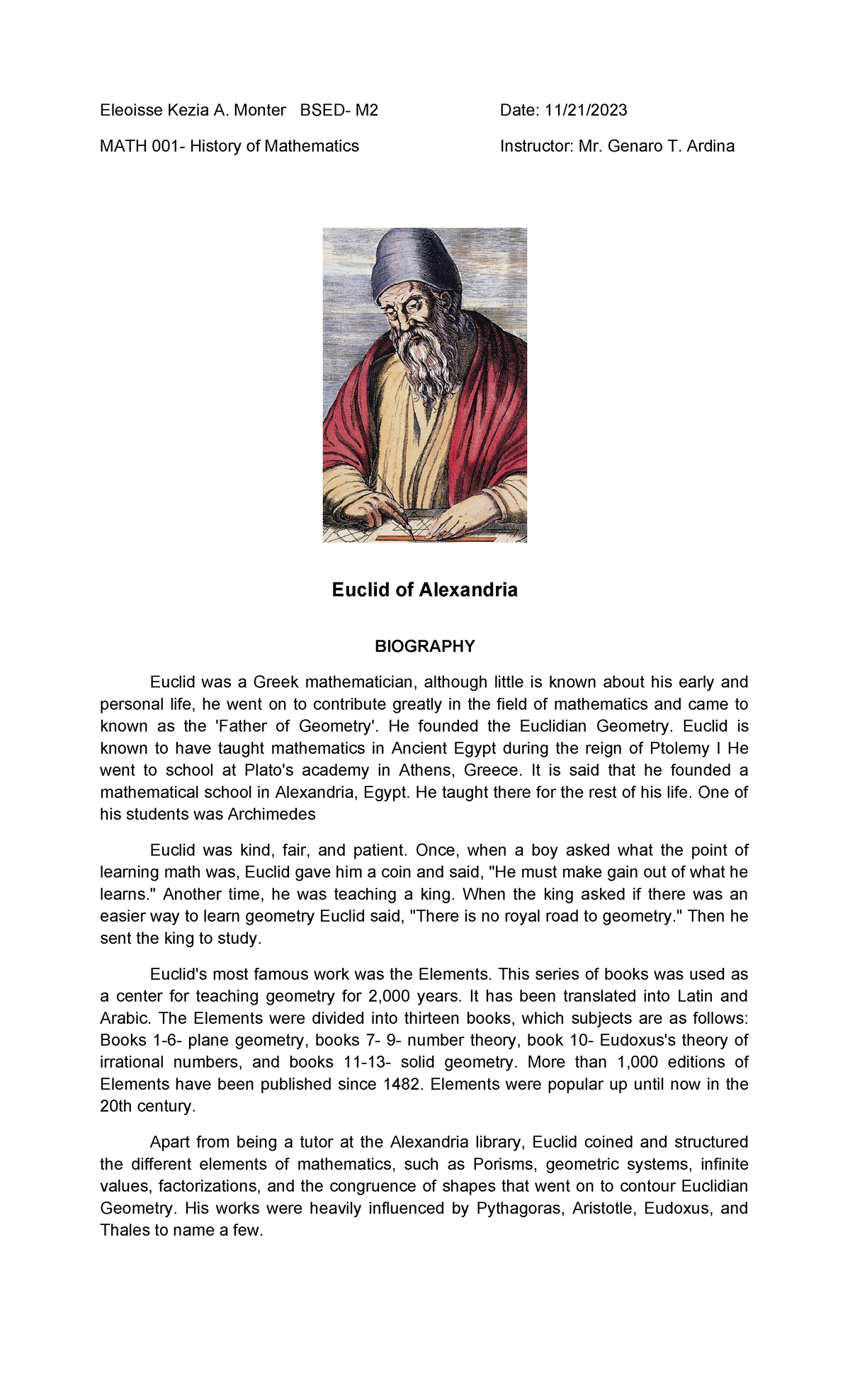 MATH 001 - Key Contributions of Euclid in Math History - Studocu