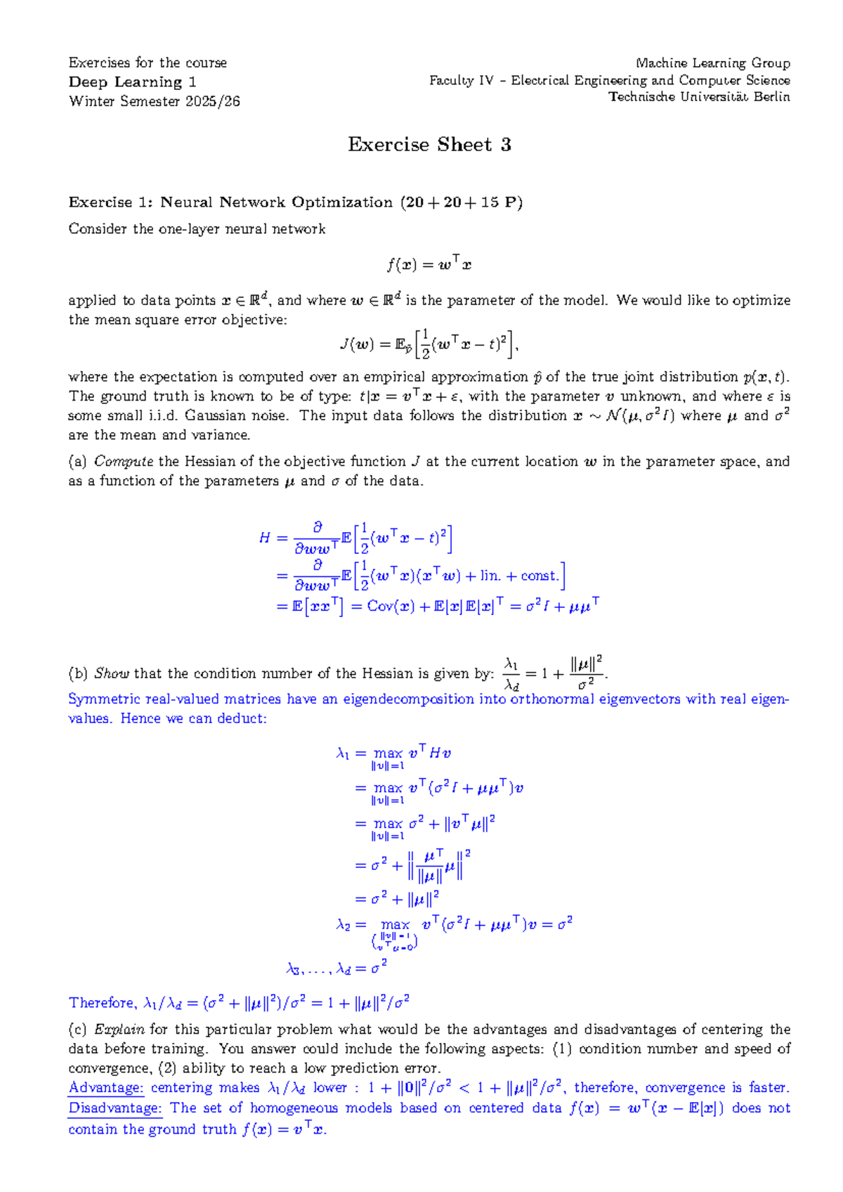 Deep Learning 1: Exercise Sheet 3 - Neural Network Optimization - Studocu