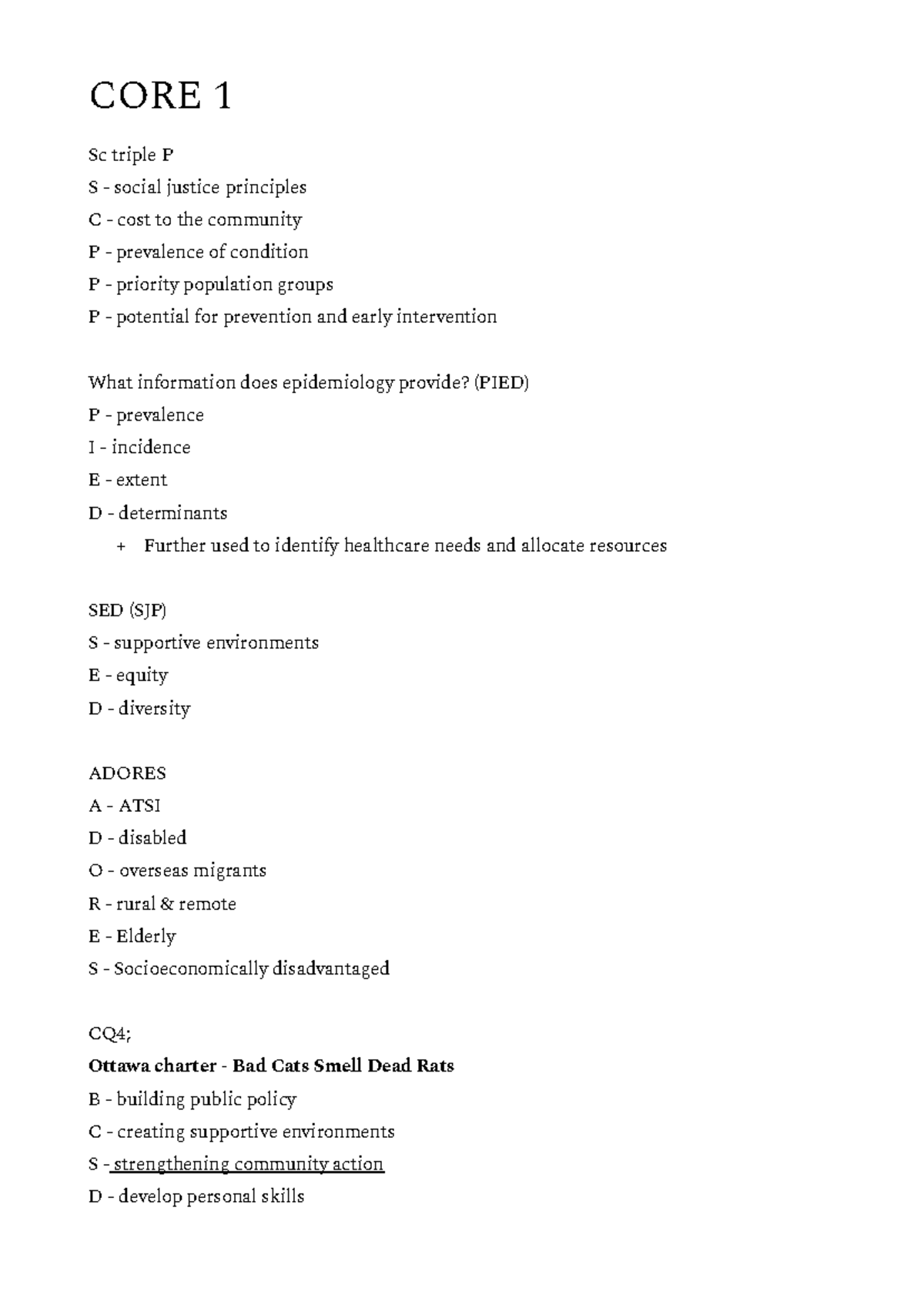 CORE 1 PDHPE Acronyms: Social Justice, Epidemiology, Training ...