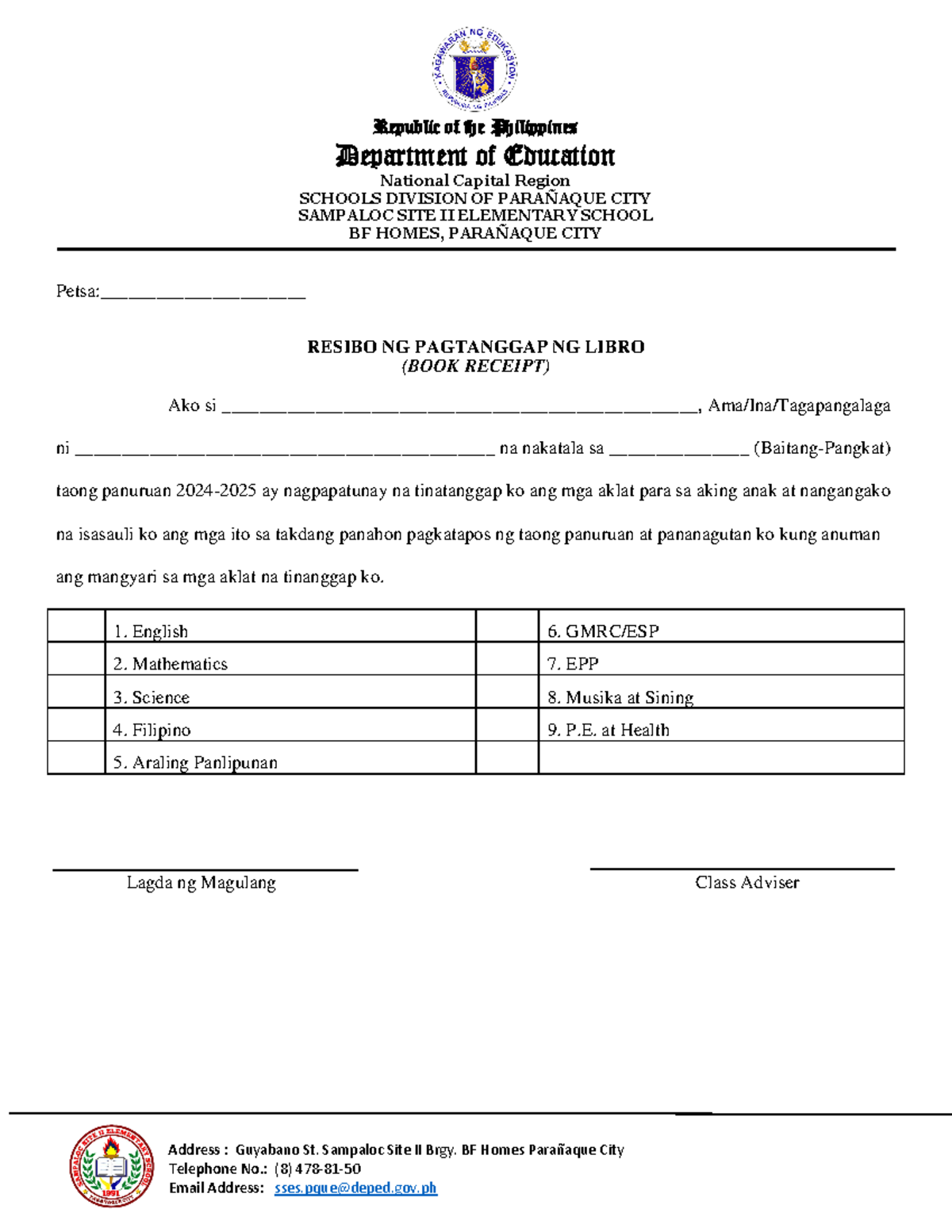 BOOK Receipt - Republic of the Philippines Department of Education ...