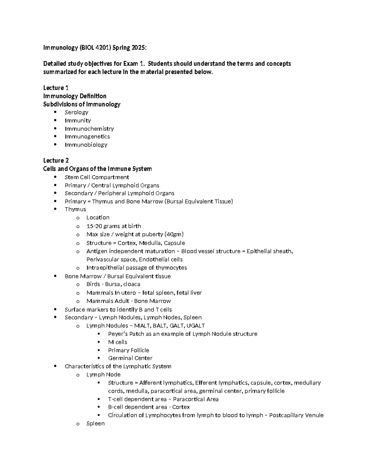 Detailed Study Objectives for Exam 1 Preparation - Immunology (BIOL ...