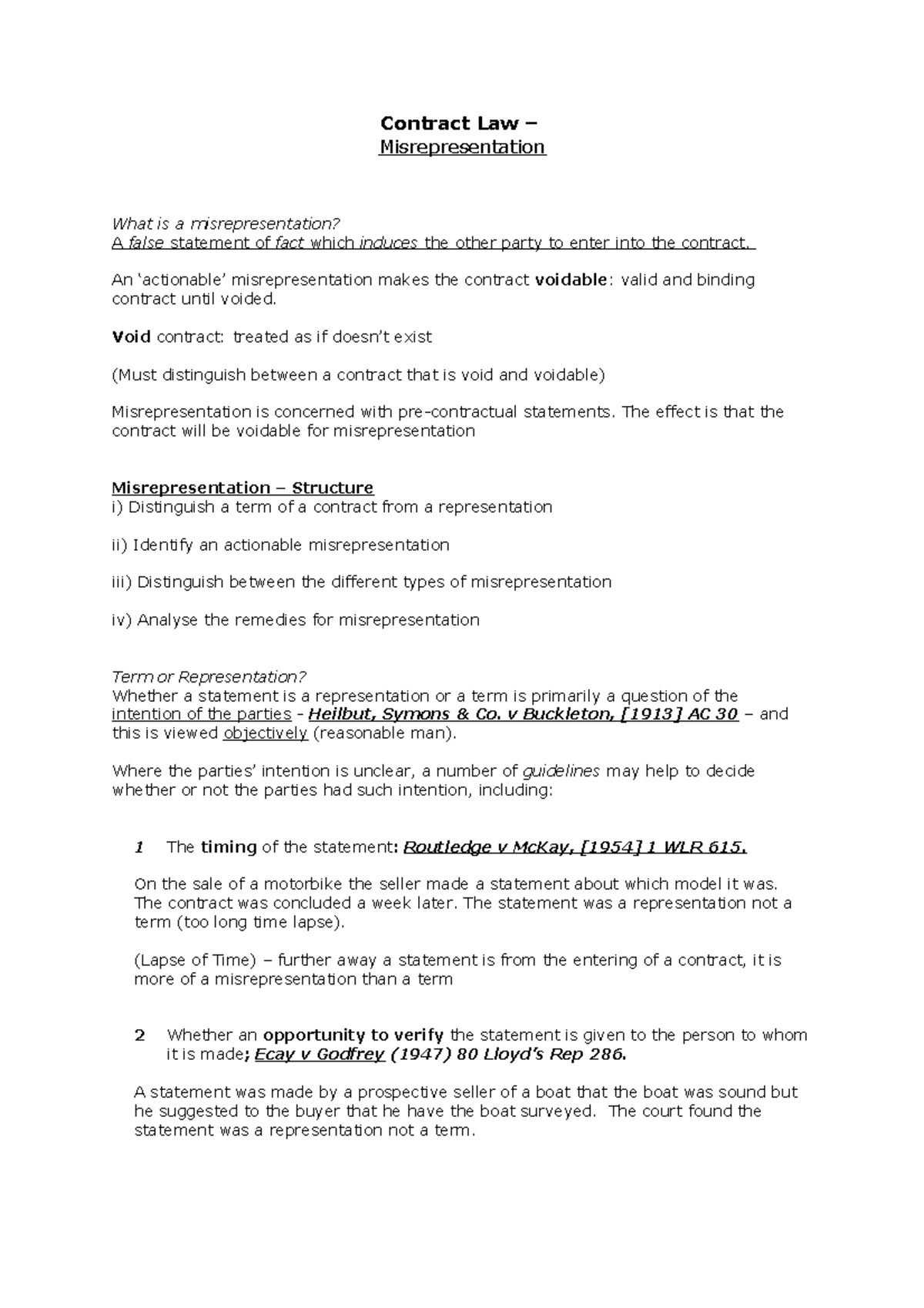 Misrepresentation - Contract Law – Misrepresentation What is a ...