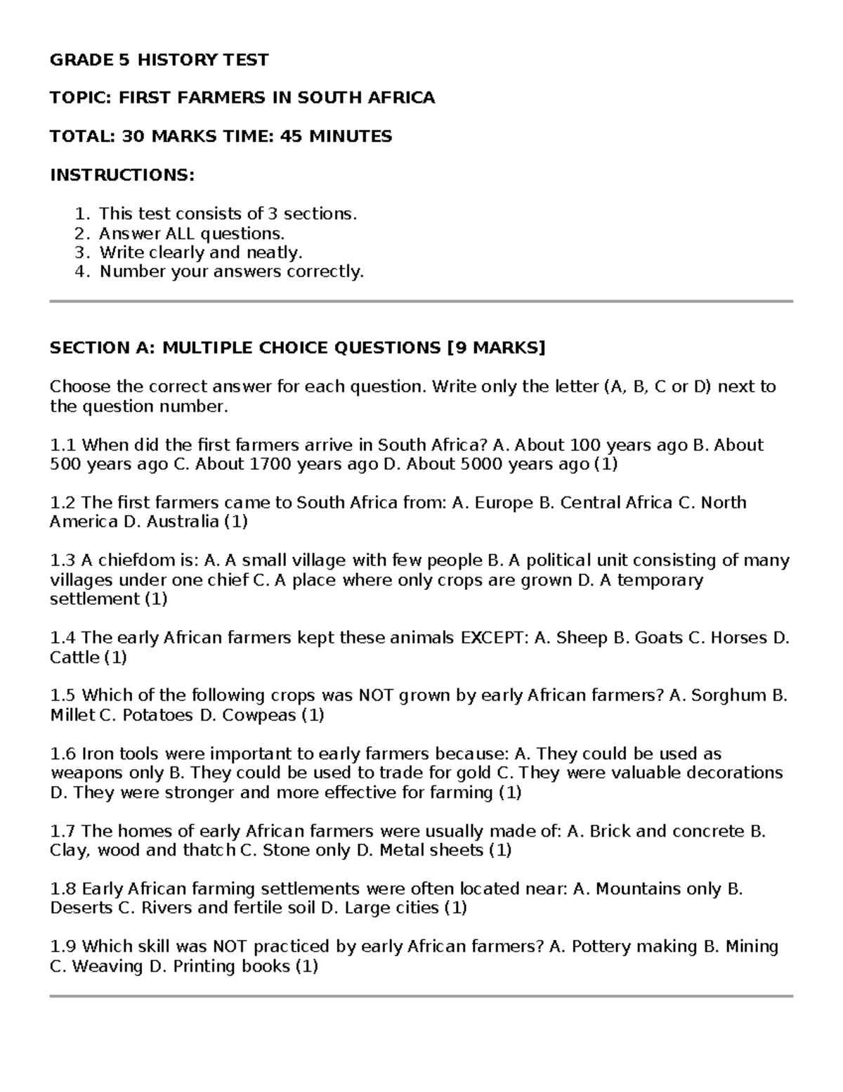 Grade 5 History Test: First Farmers in South Africa (30 Marks) - Studocu