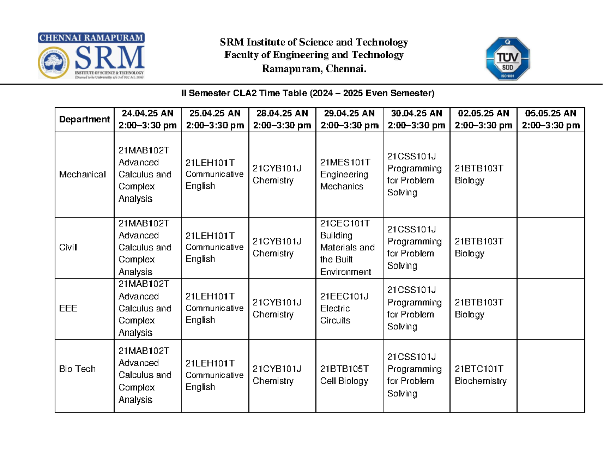 I Year CLA3 II Sem Even Semester Time Table (2024-2025) - Studocu